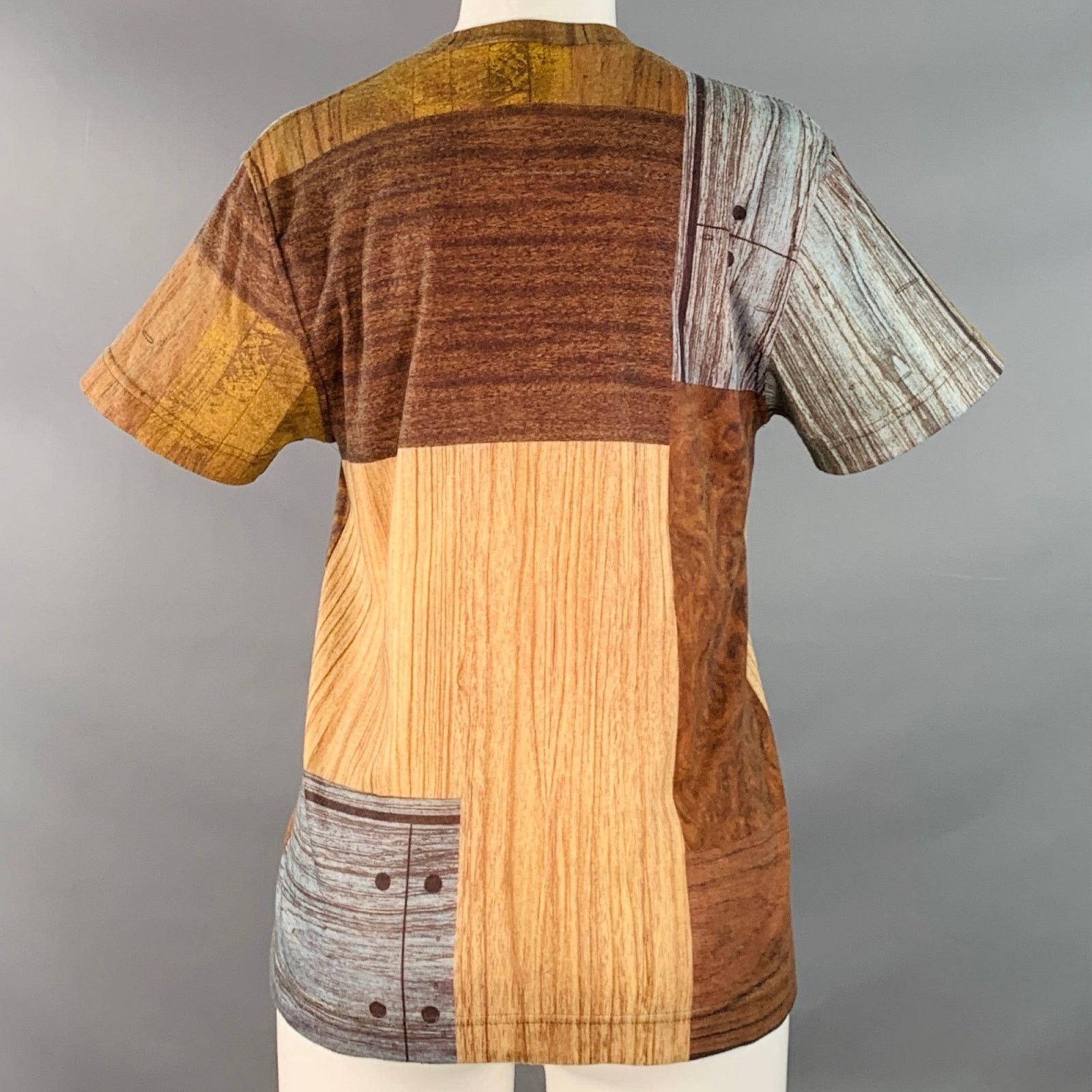 Todd Oldham 1980s M Brown Blue Polyester Patchwork Wood Grain T-Shirt Size M / US 6-8 / IT 42-44 - 3 Thumbnail