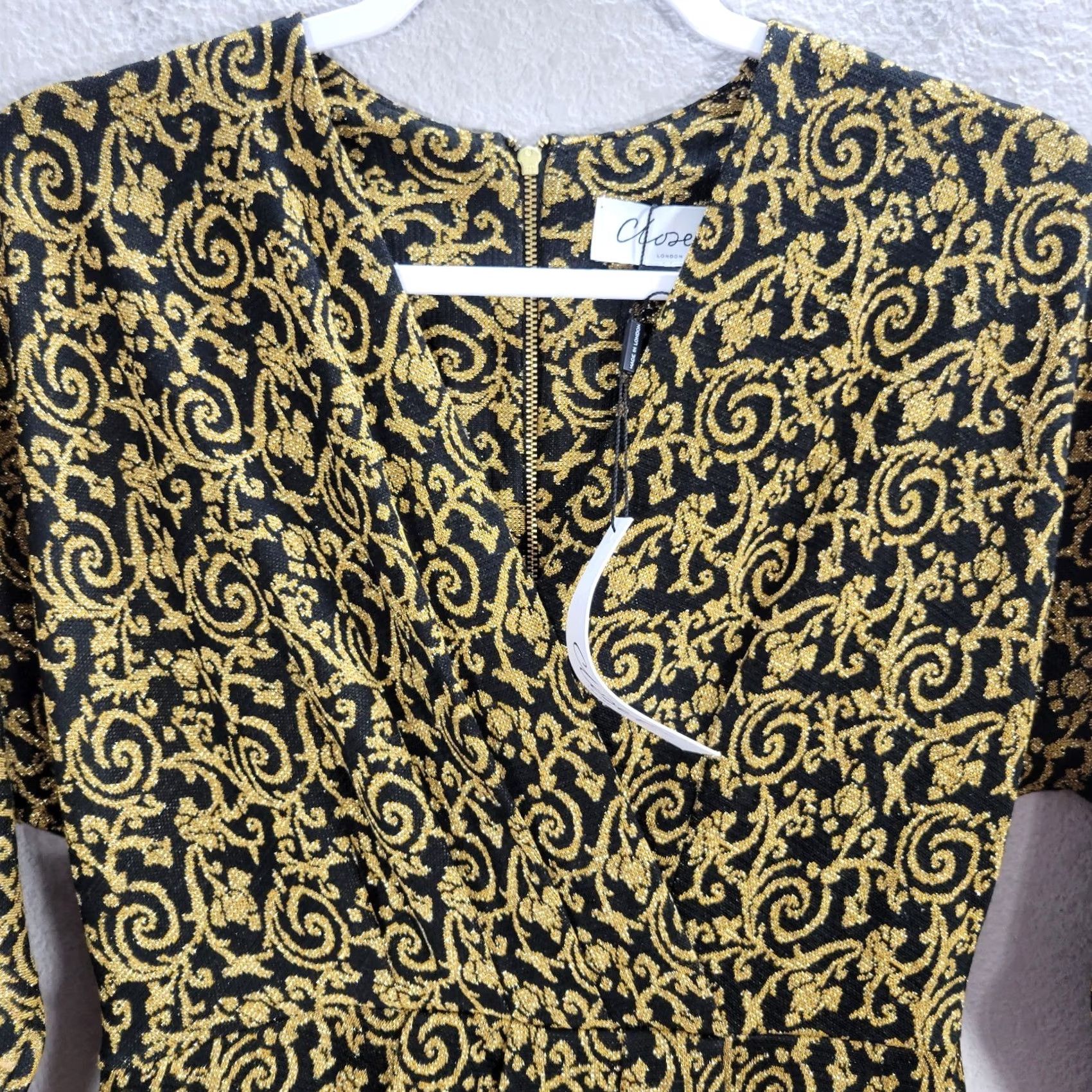 CLOSED Closet Black Gold Brocade Sheath Dress 8 NWT 3/4 Sleeve V-Neck Formal Evening Party/Cocktail Womens Size M / US 6-8 / IT 42-44 - 5 Thumbnail