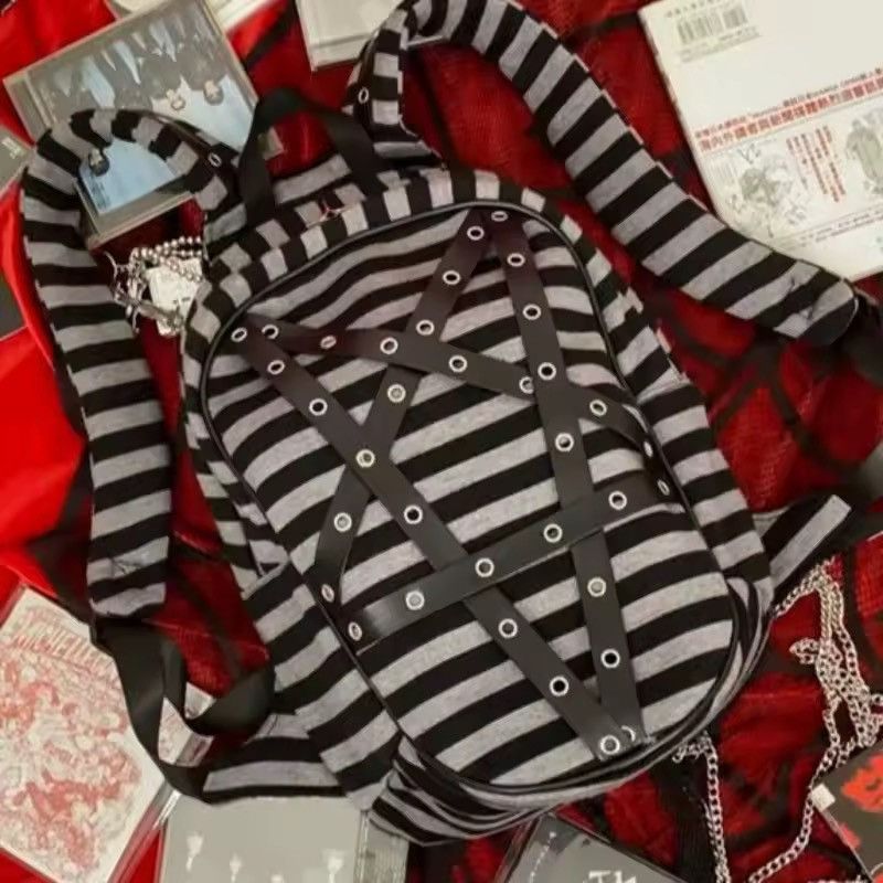 Other Gothic Punk Striped Zipper Capacity School College Backpack Size ONE SIZE - 1 Thumbnail