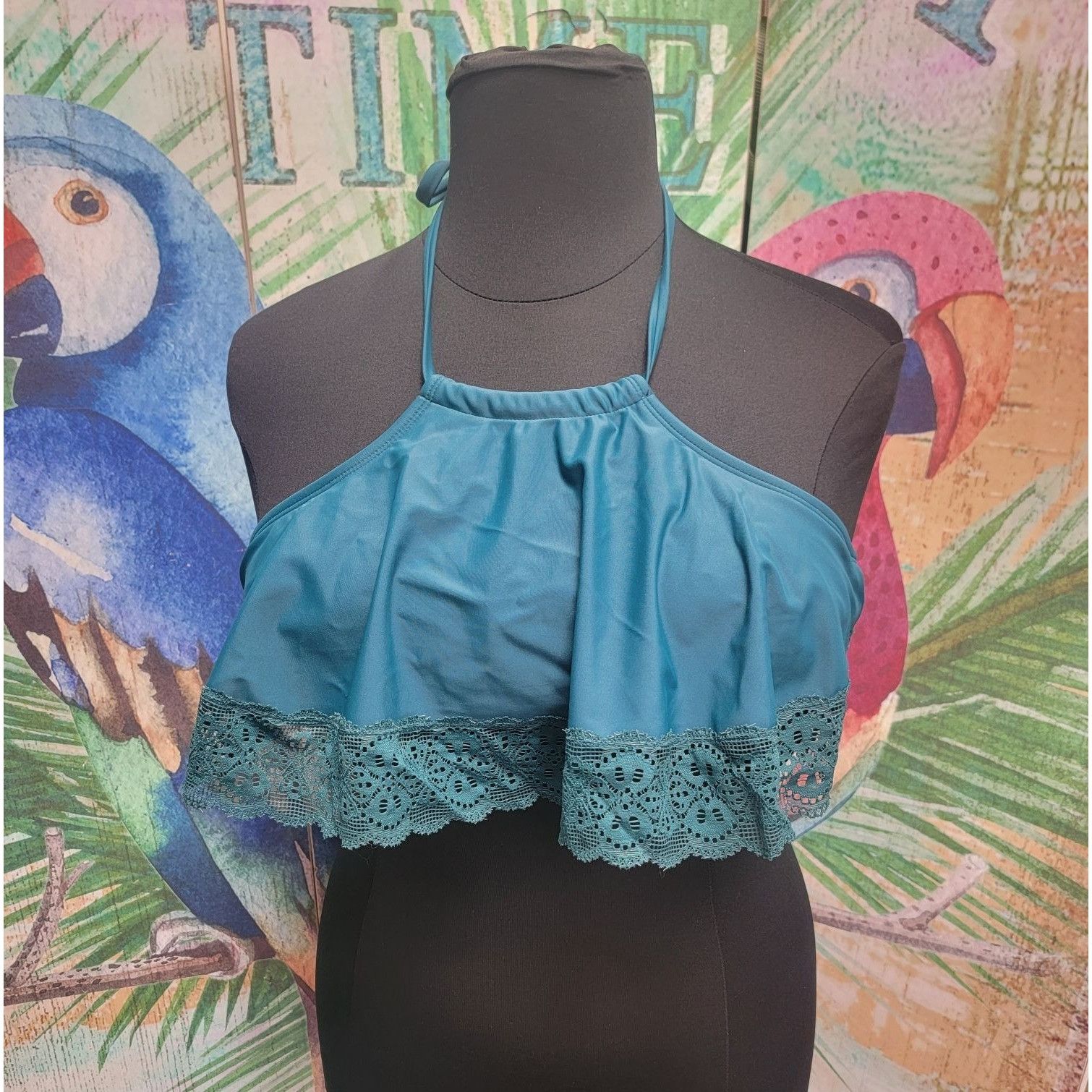 Other Teal Halter Bikini Top With Lace Trim Women's Swimwear Size Size L / US 10 / IT 46 - 1 Thumbnail