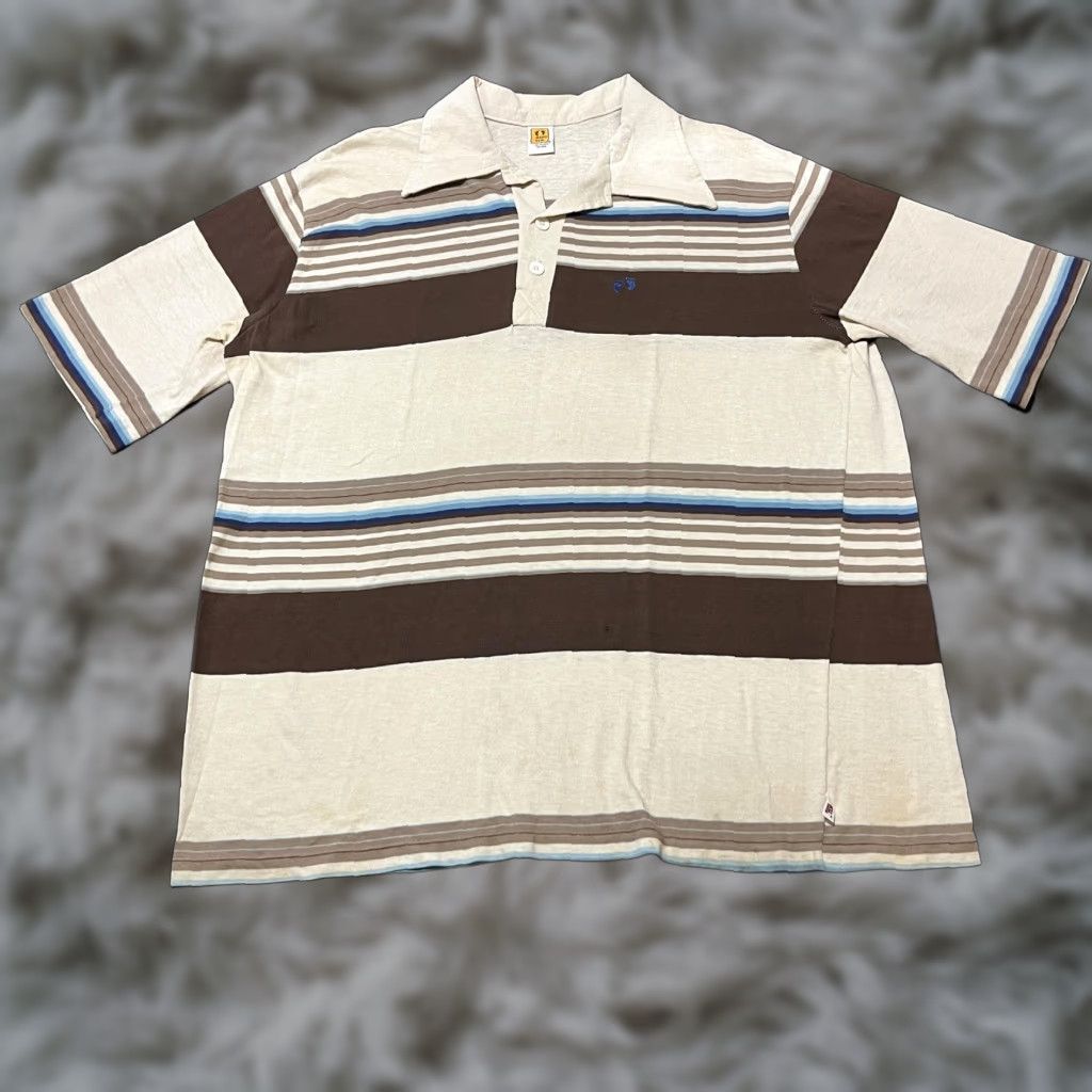 VINTAGE Hang Ten Polo Shirt Beige Striped 70s Casual Mens XL Shirt USA