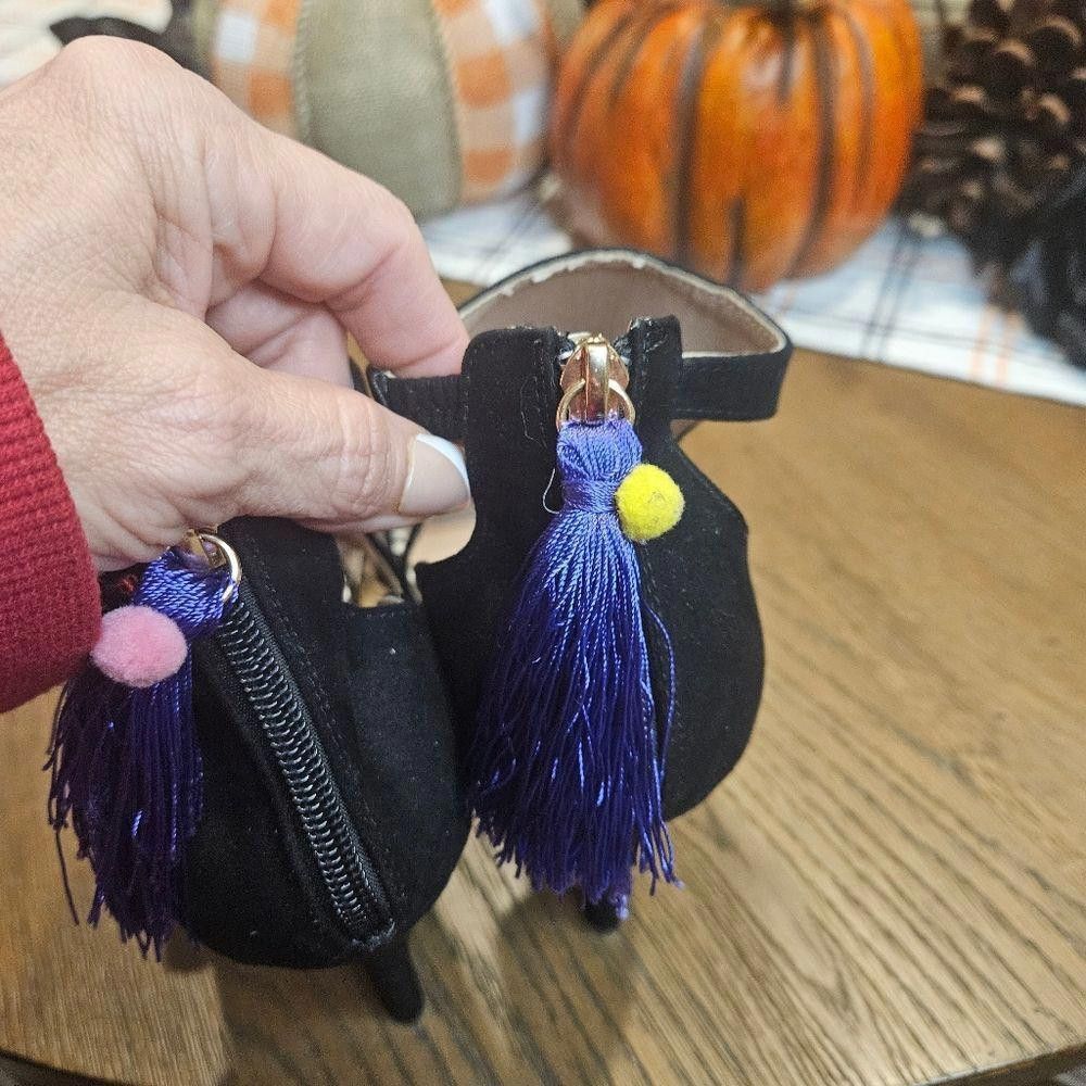 Designer Stylish Black Suede Heeled Sandals with Purple Tassels Size US 10 / IT 40 - 5 Thumbnail