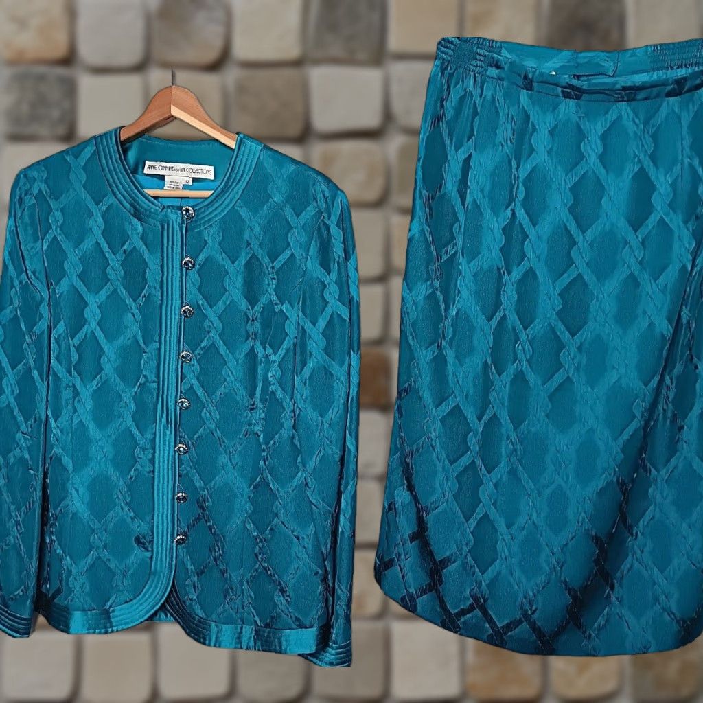 Vintage VINTAGE Anne Crimmins Umi Collections Skirt Suit Teal Silk Set - 2 Piece - Size 12 - Jacket and Skirt - Women - Office Wear - Formal - Silk - Read Size 34" / US 12 / IT 48 - 1 Thumbnail
