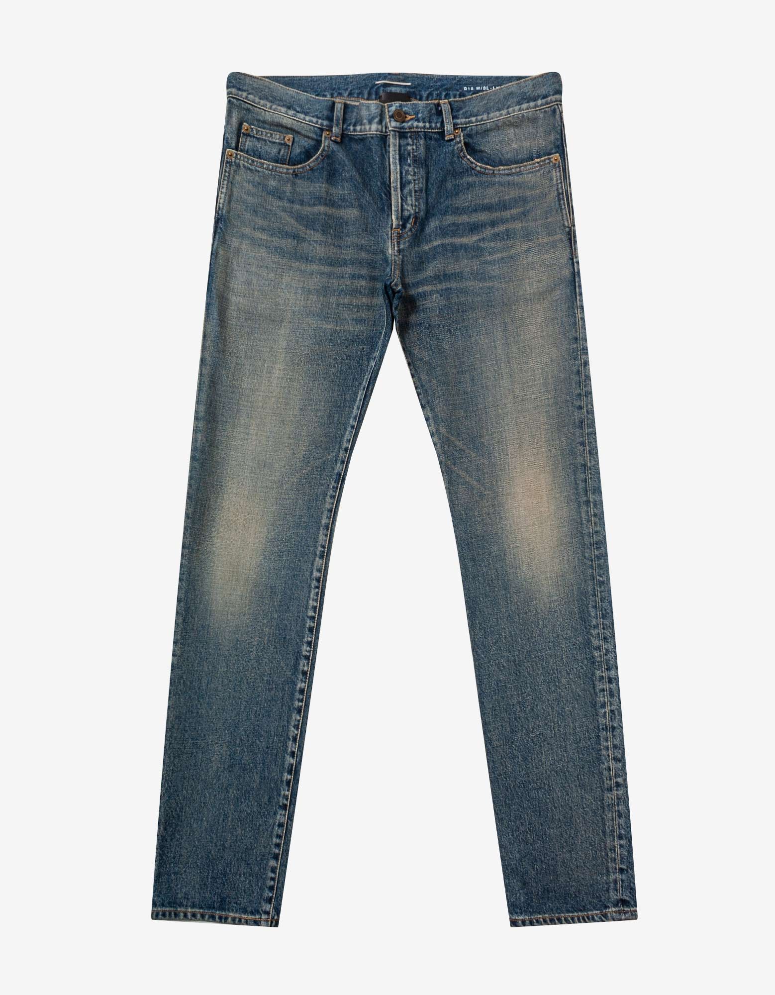 image of Saint Laurent Paris Dirty Sandy Blue Slim Fit Jeans, Men's (Size 36)