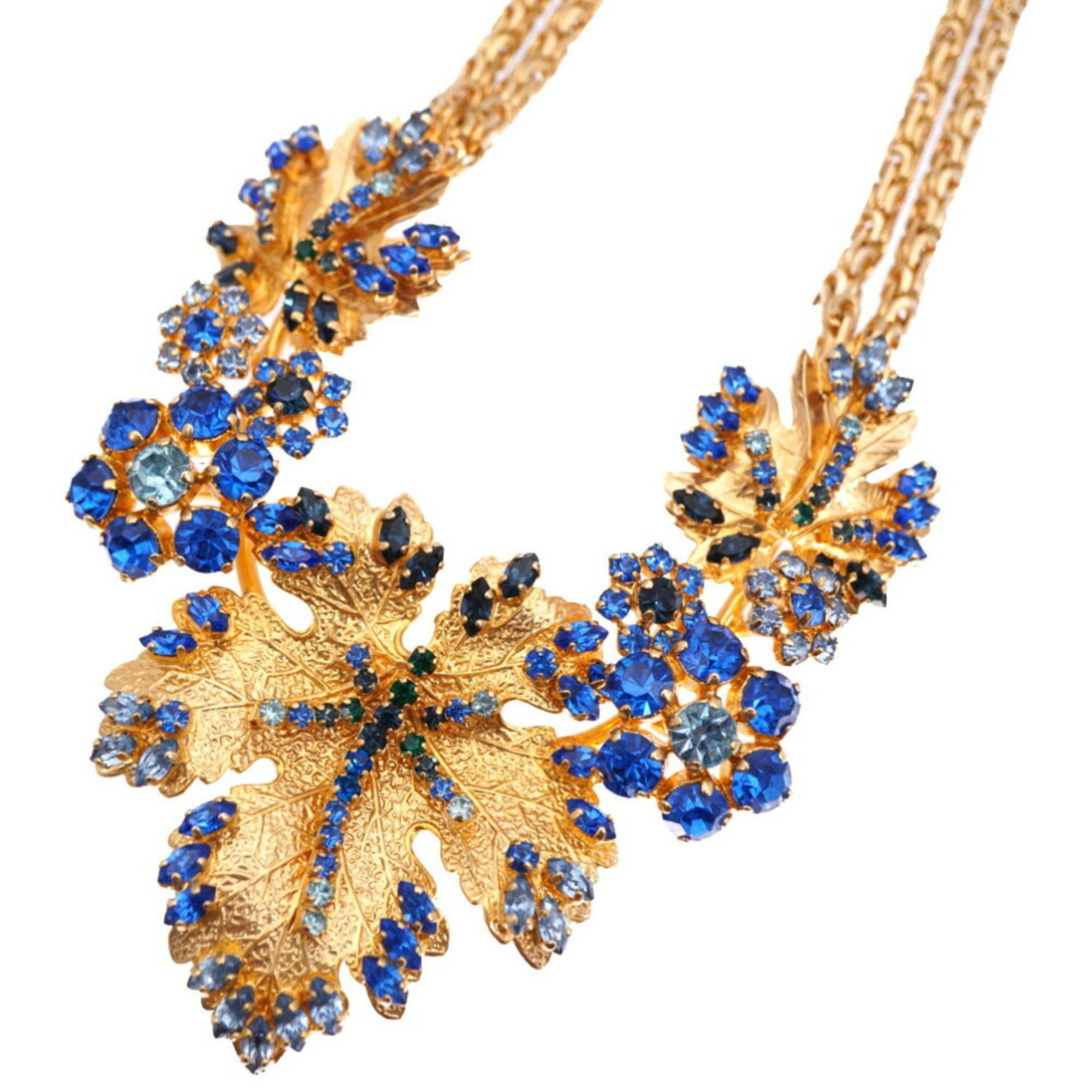 image of Christian Dior Dior Rhinestone Necklace Leaf Motif Gold 0 in Black, Women's