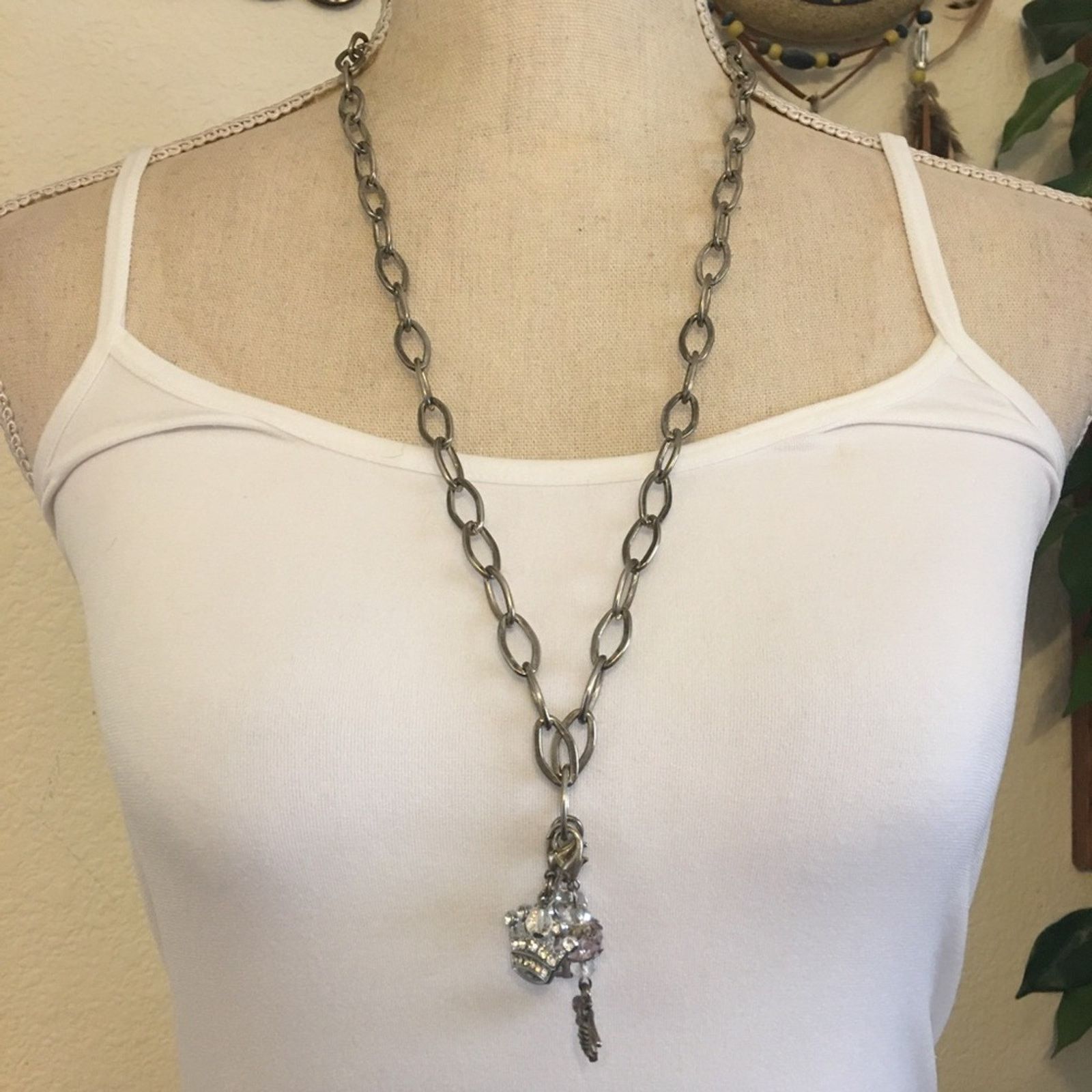 Jewelry Matte Silver Tone Chain Link Charm Accent Necklace, Women's