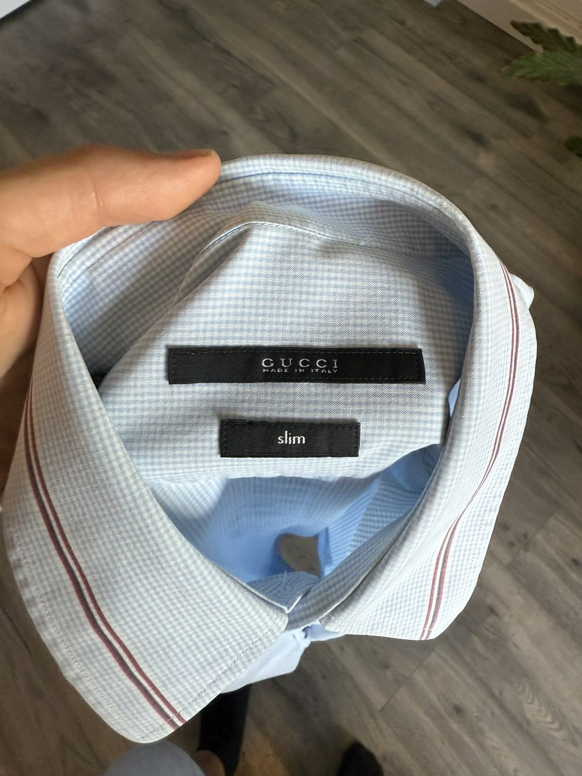 Gucci Light Blue Micro-Gingham Shirt with Striped Collar Size US M / EU 48-50 / 2 - 11 Thumbnail
