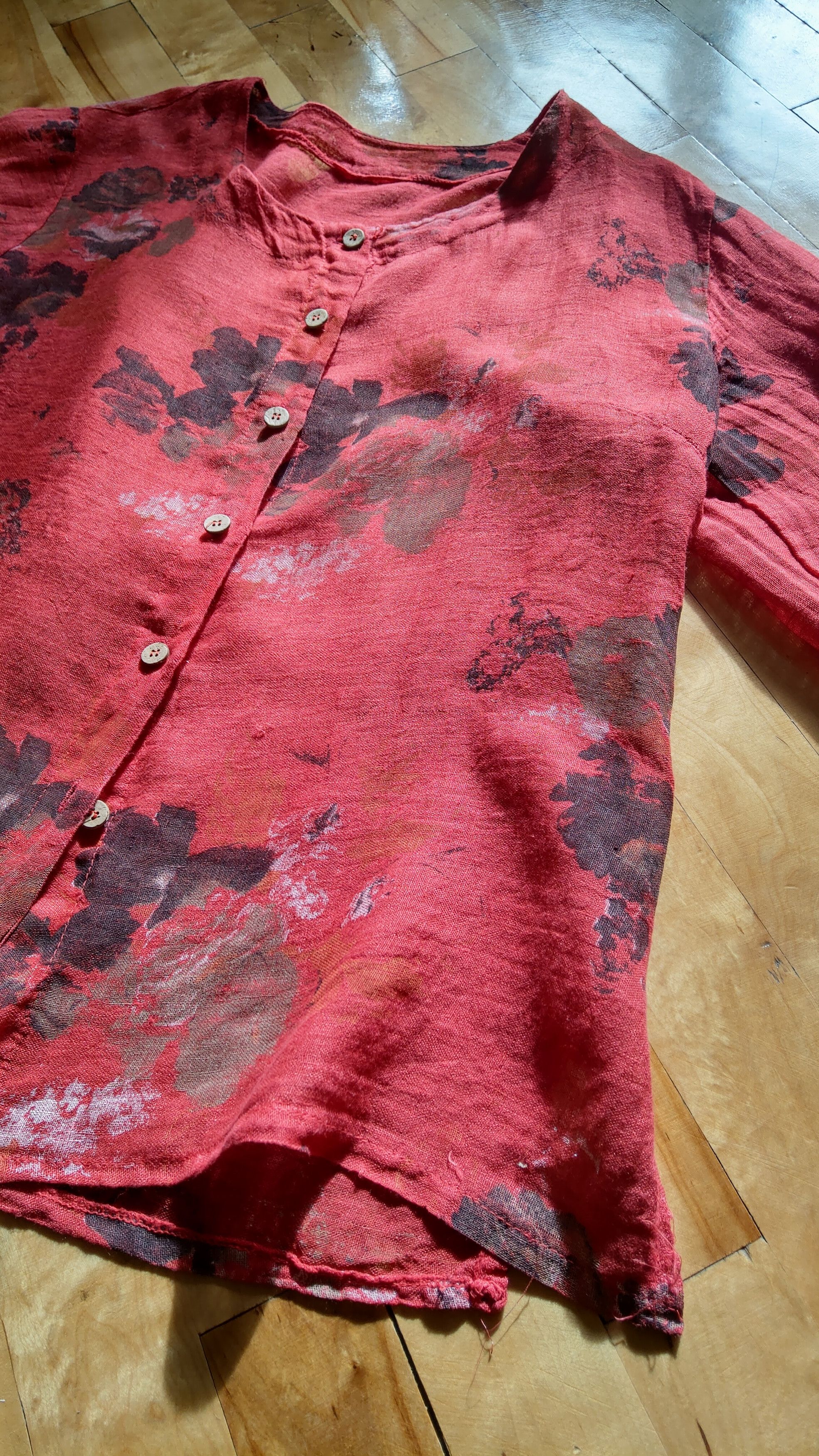 Japanese Brand × Vintage 100% Linen Shirt Rose Print Jacket Alt y2k opium goth Noir Size L / US 10 / IT 46 - 2 Thumbnail