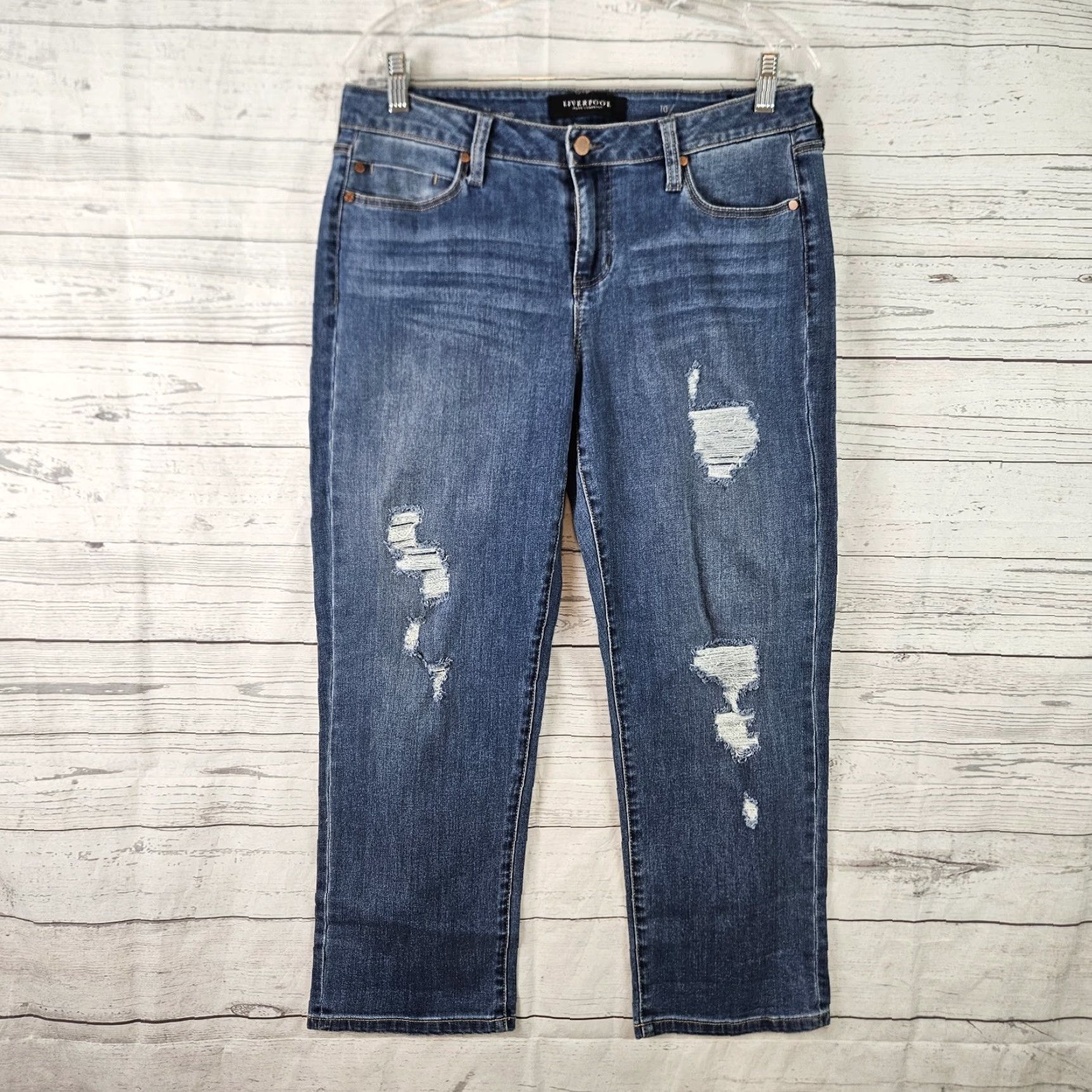 Vintage Liverpool Jeans Womens Sz 10 Blue Distressed Crop Boyfriend Mid Rise Size 32" / US 10 / IT 46 - 2 Thumbnail