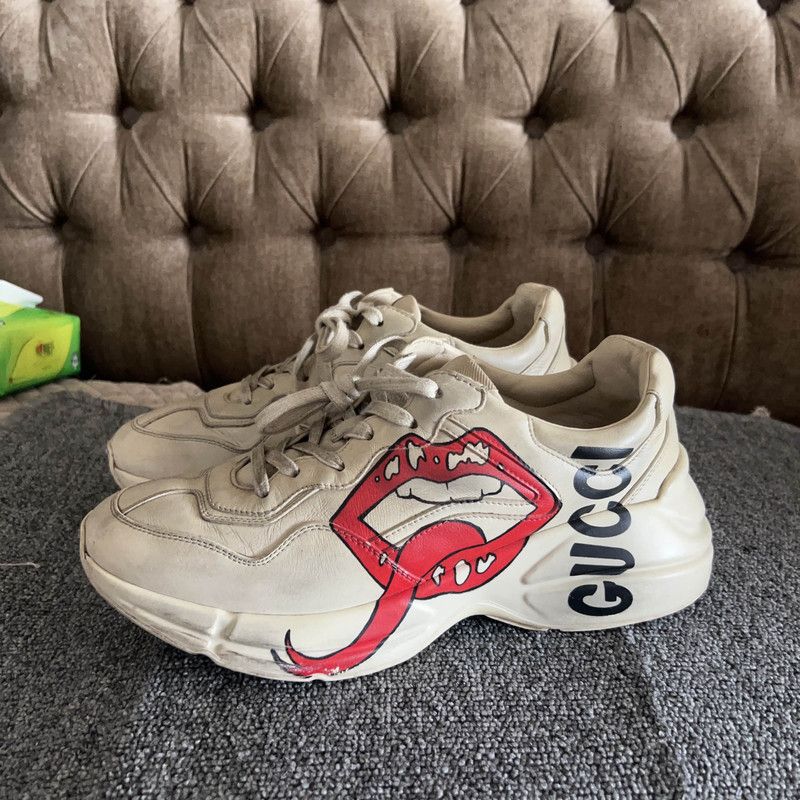 Gucci Gucci Rhyton Leather Sneakers with Lip Print 0079 Size US 8.5 / EU 41-42 - 1 Thumbnail