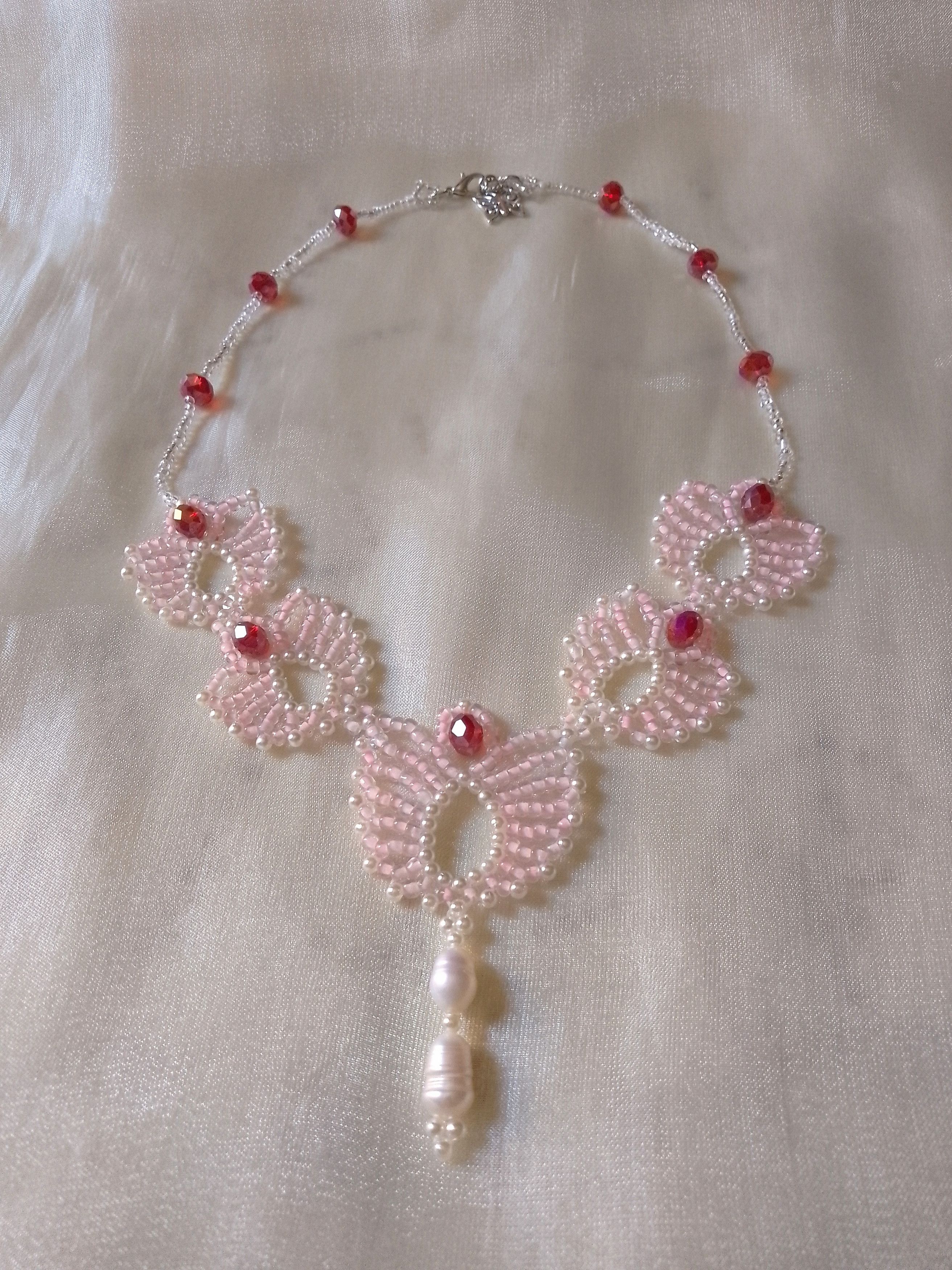 Handmade Necklace Pink lotus flowers with crystal& freshwater pearls Size ONE SIZE - 2 Thumbnail
