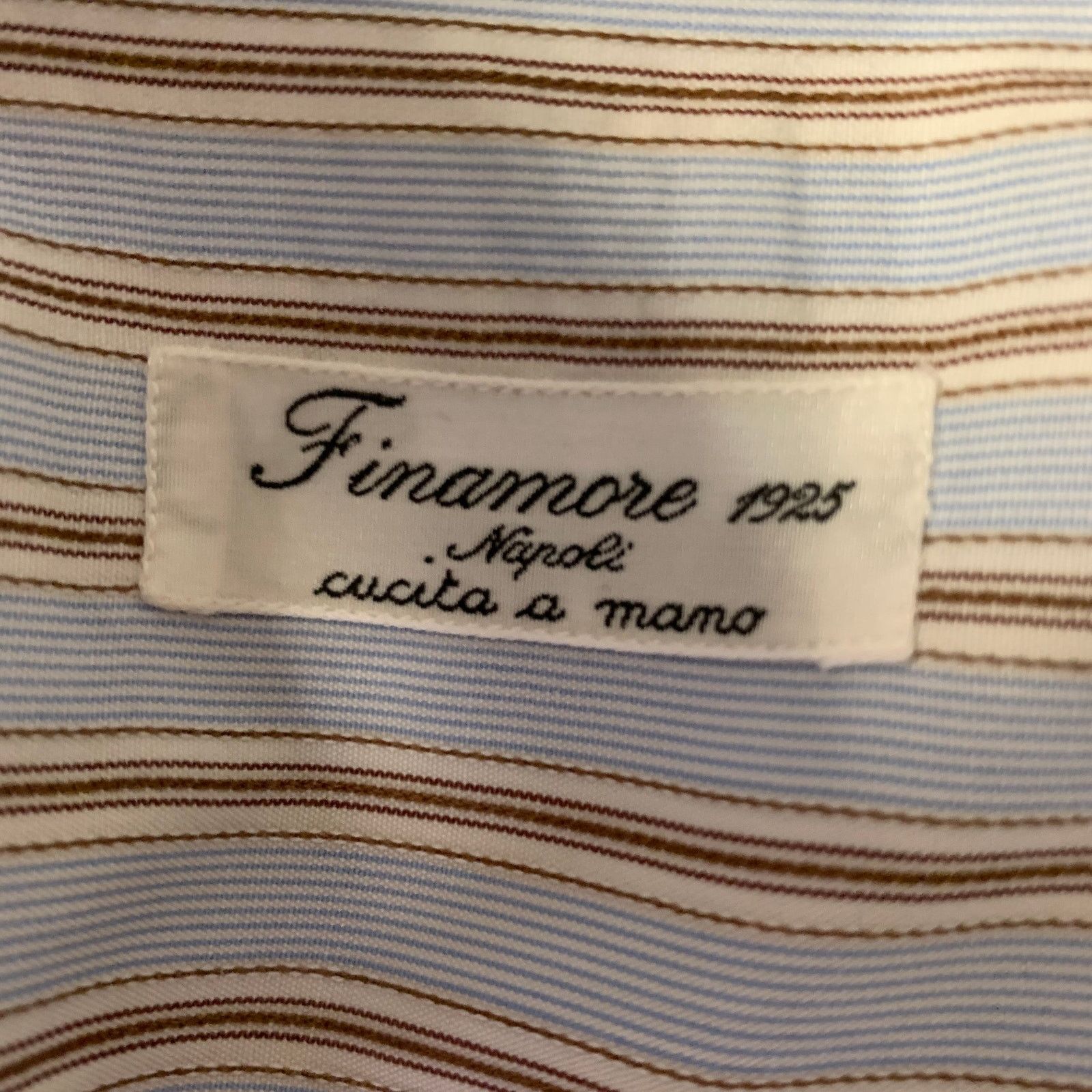 Finamore FINAMORE XL Blue White Brown Stripe Cotton Long Sleeve Shirt Size US XL / EU 56 / 4 - 5 Thumbnail