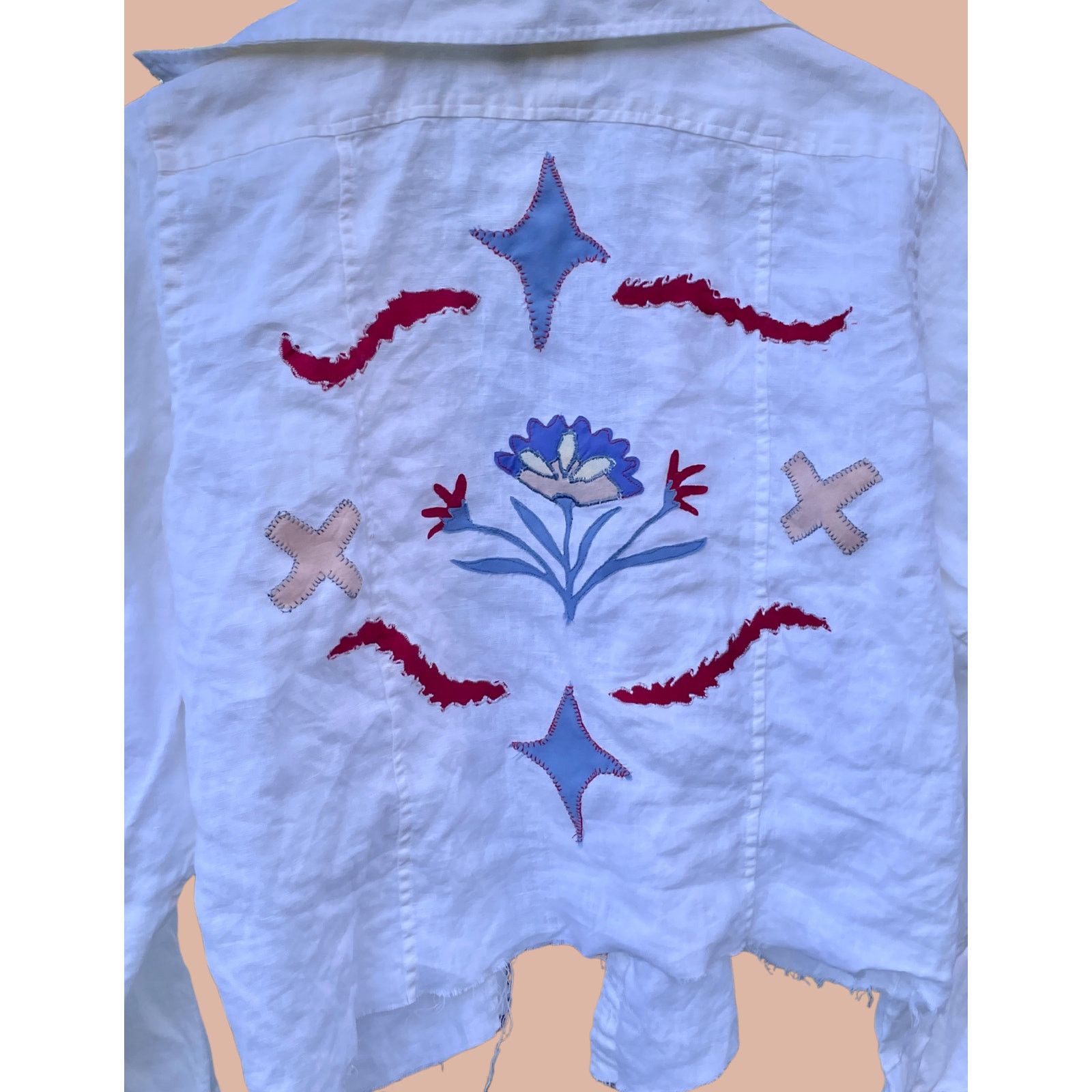 Other Large 100% Linen Cropped Button Up with Boho Applique Size L / US 10 / IT 46 - 2 Thumbnail