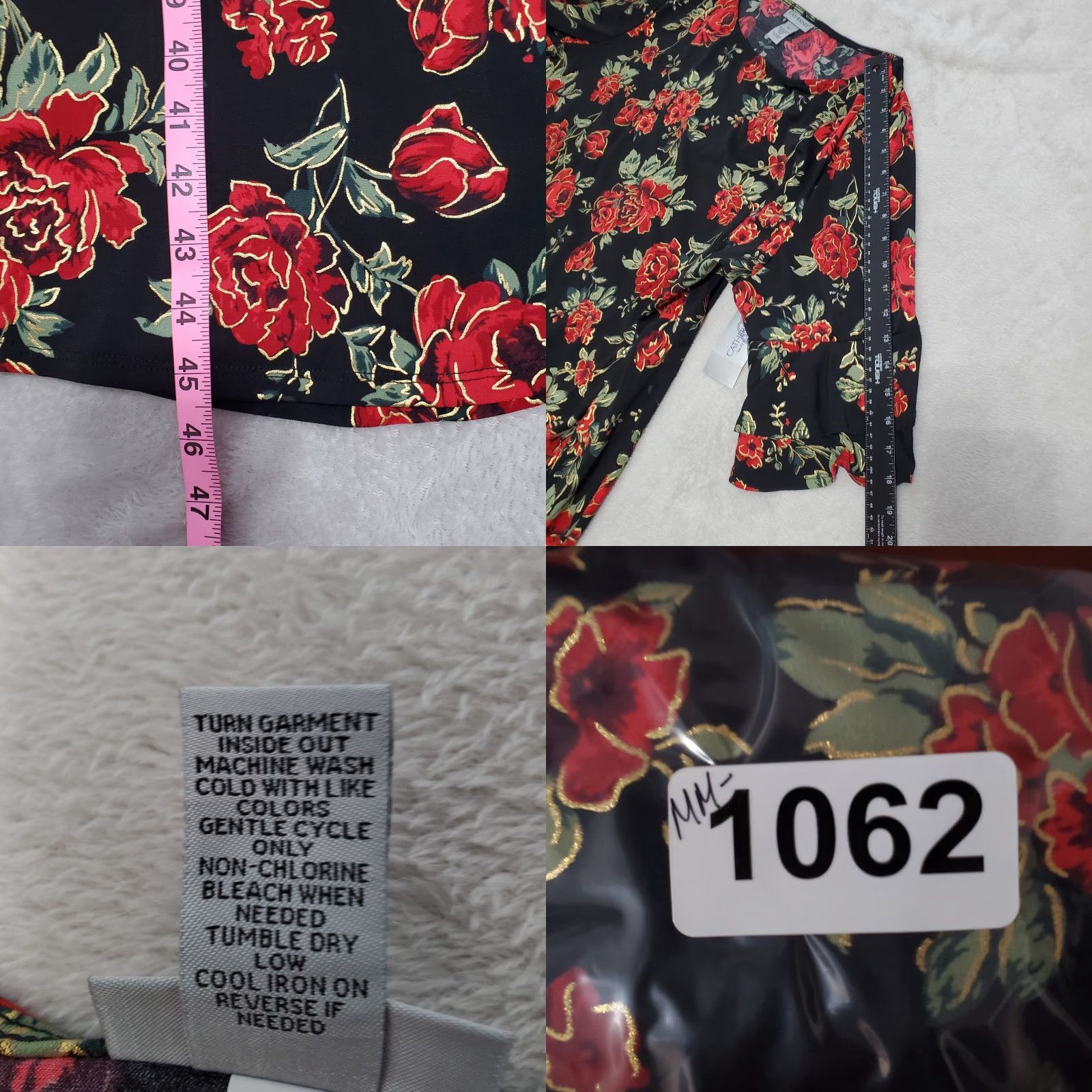 Vintage Catherines Dress Womens 2X Black Floral Ruffle Sleeve Pullover Knee Length Round Neck Womens Size XXL / US 16-18 / IT 52-54 - 9 Thumbnail