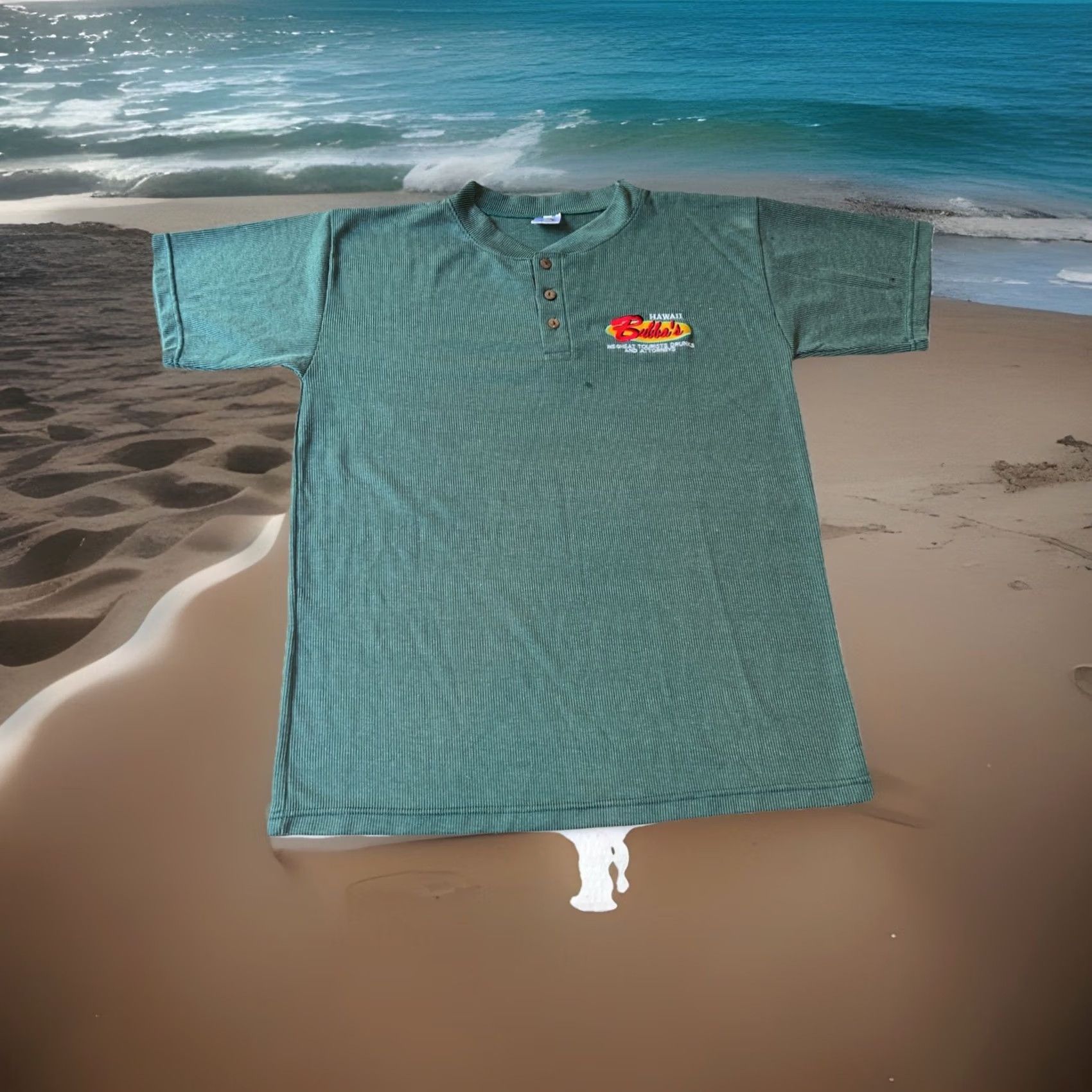 Vintage Bubba’s Hawaii We Cheat Tourists Drunks And Attorneys Henley Shirt Large Green Surfers Logo Graphic Print T-Shirt Men Rock 90s Theme Boys Mens Size US L / EU 52-54 / 3 - 2 Thumbnail