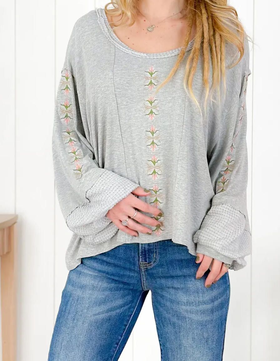 Designer Chic Floral Embroidered Long Sleeve Top - Cozy & Stylish Size ONE SIZE - 1 Thumbnail
