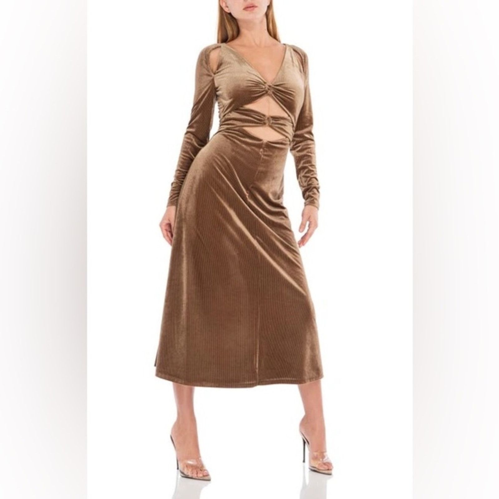 REVOLVE AFRM CALA RIBBED CUTOUT LONG SLEEVE VELVET MIDI DRESS SEPIA Size XL / US 12-14 / IT 48-50 - 1 Thumbnail