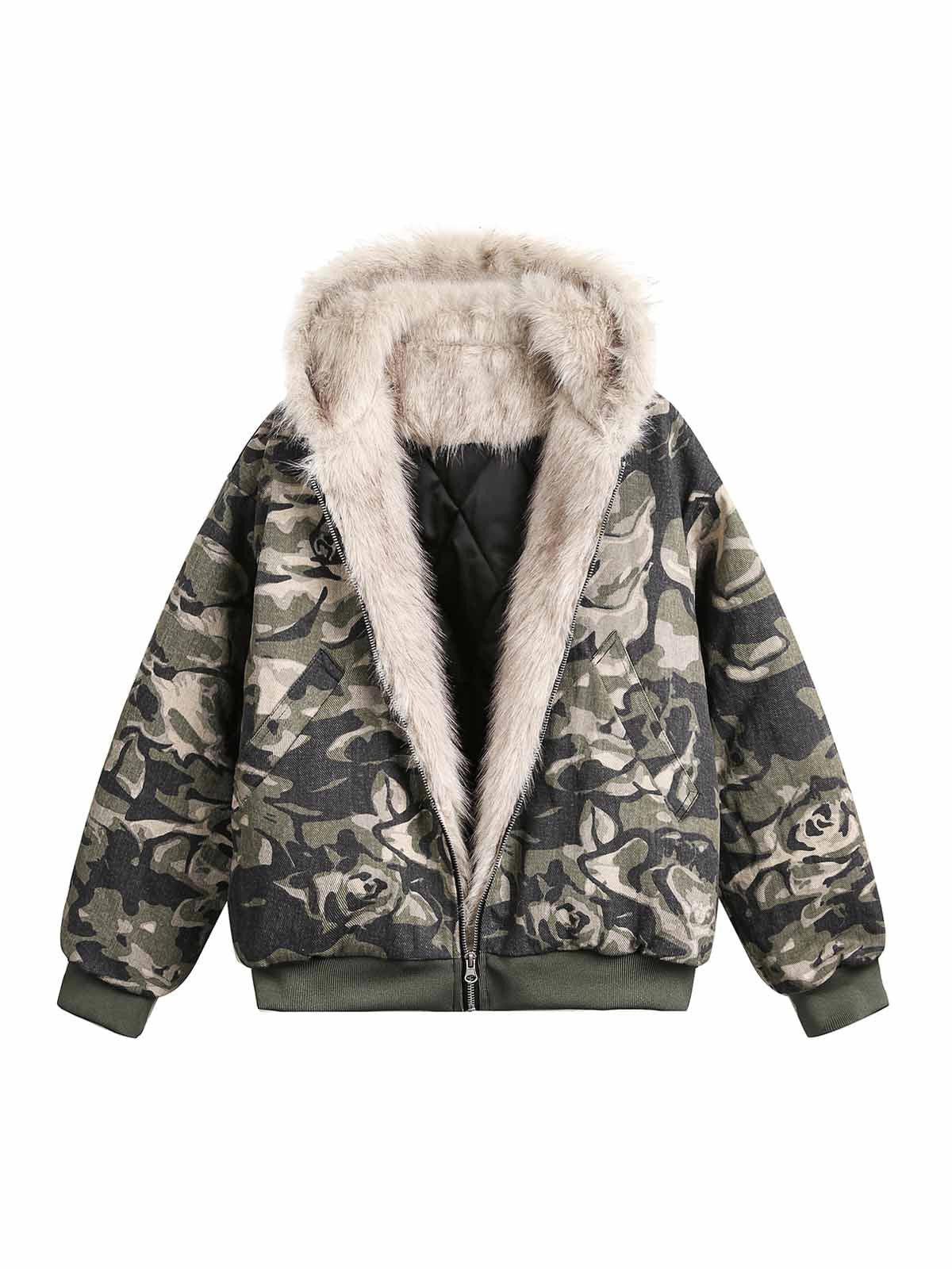 Japanese Brand Camouflage Quilted Hooded Jacket with Faux Fur Trim Size US L / EU 52-54 / 3 - 2 Thumbnail