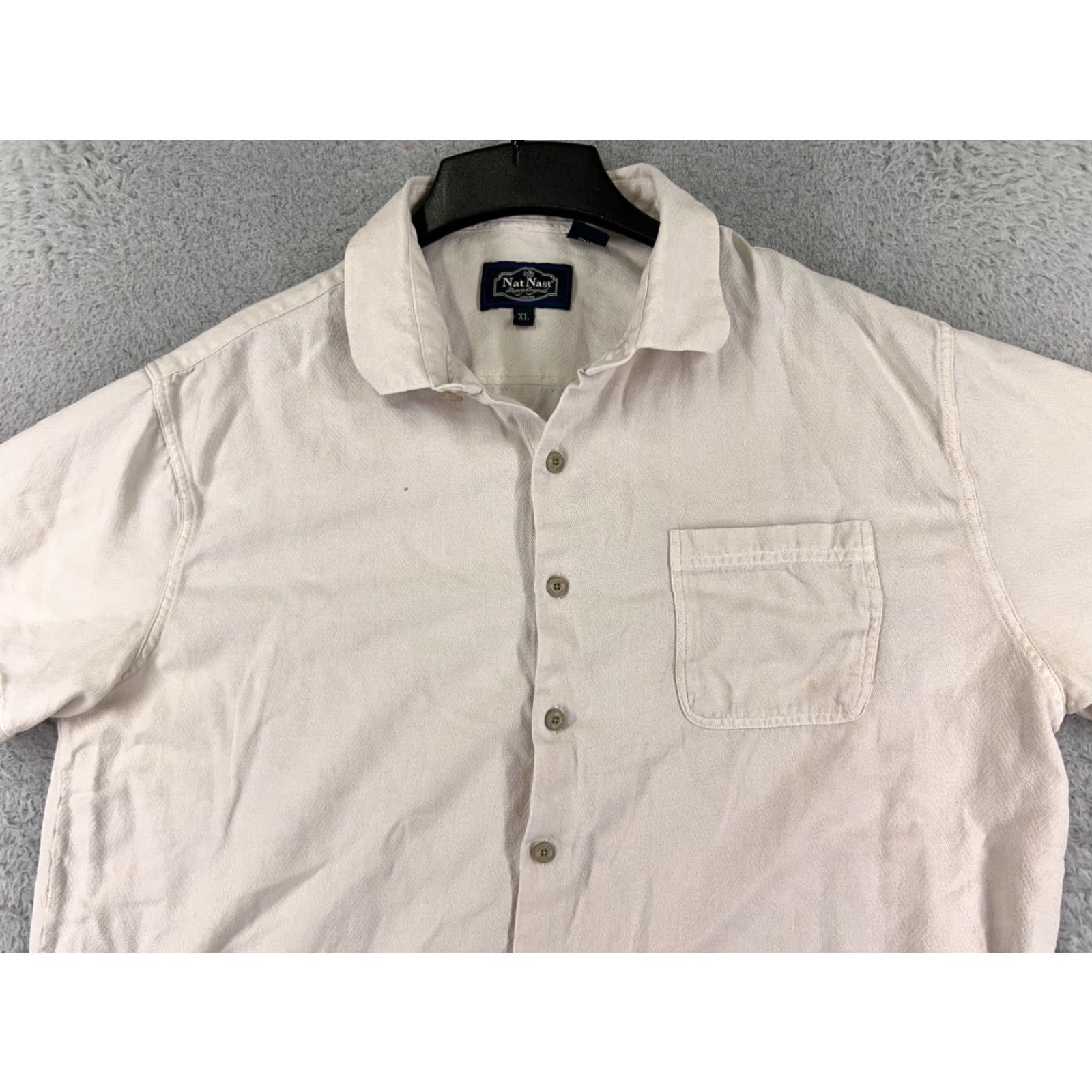 Nat Nast Nat Nast Luxury Originals Button-Up Shirt Mens XL Beige Herringbone Silk Cotton Blend Collared Short Sleeve Pockets Regular All Seasons Size US XL / EU 56 / 4 - 4 Thumbnail