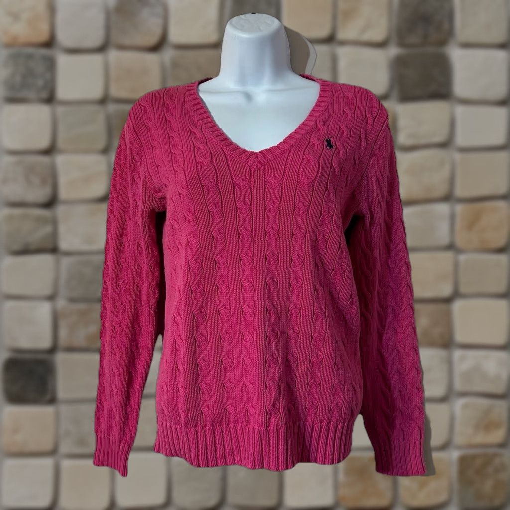 Polo Ralph Lauren Ralph Lauren Sport V-Neck Sweater Pink Women Medium Cable-Knit Cotton Pullover Knit Wool? Size M / US 6-8 / IT 42-44 - 1 Thumbnail
