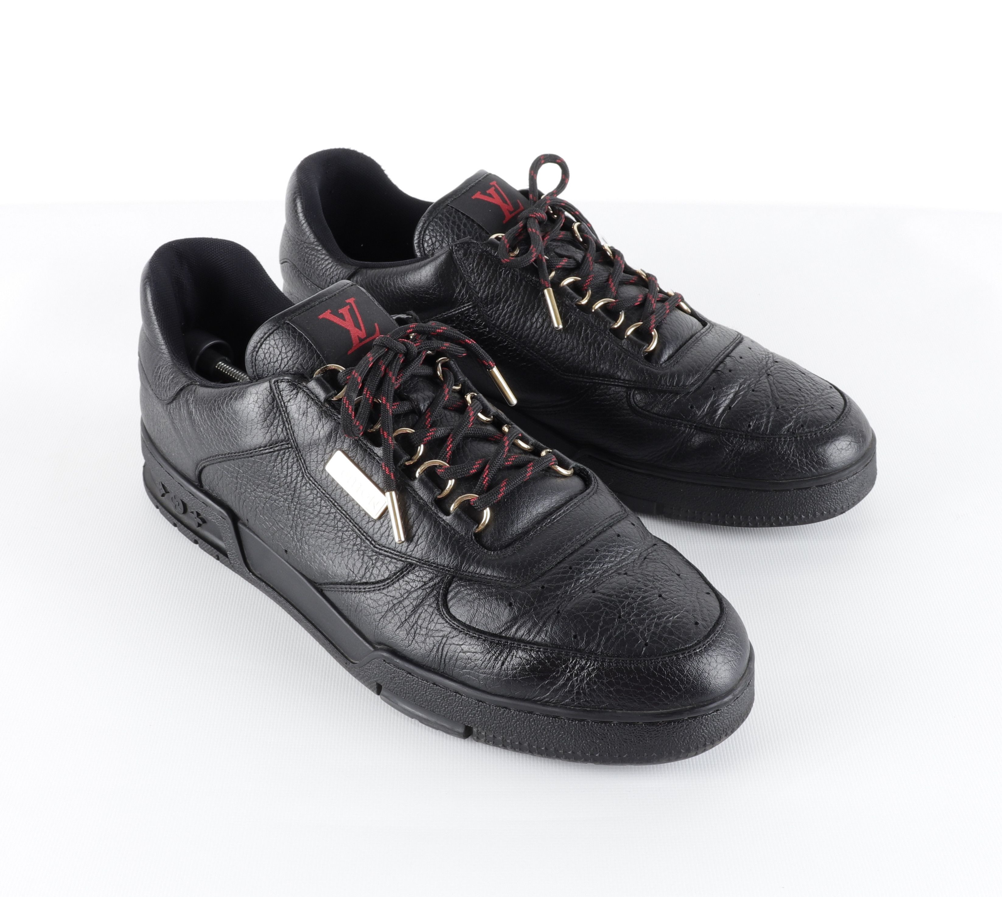 LOUIS VUITTON Black Leather Gold Hardware LV Logo Sneakers