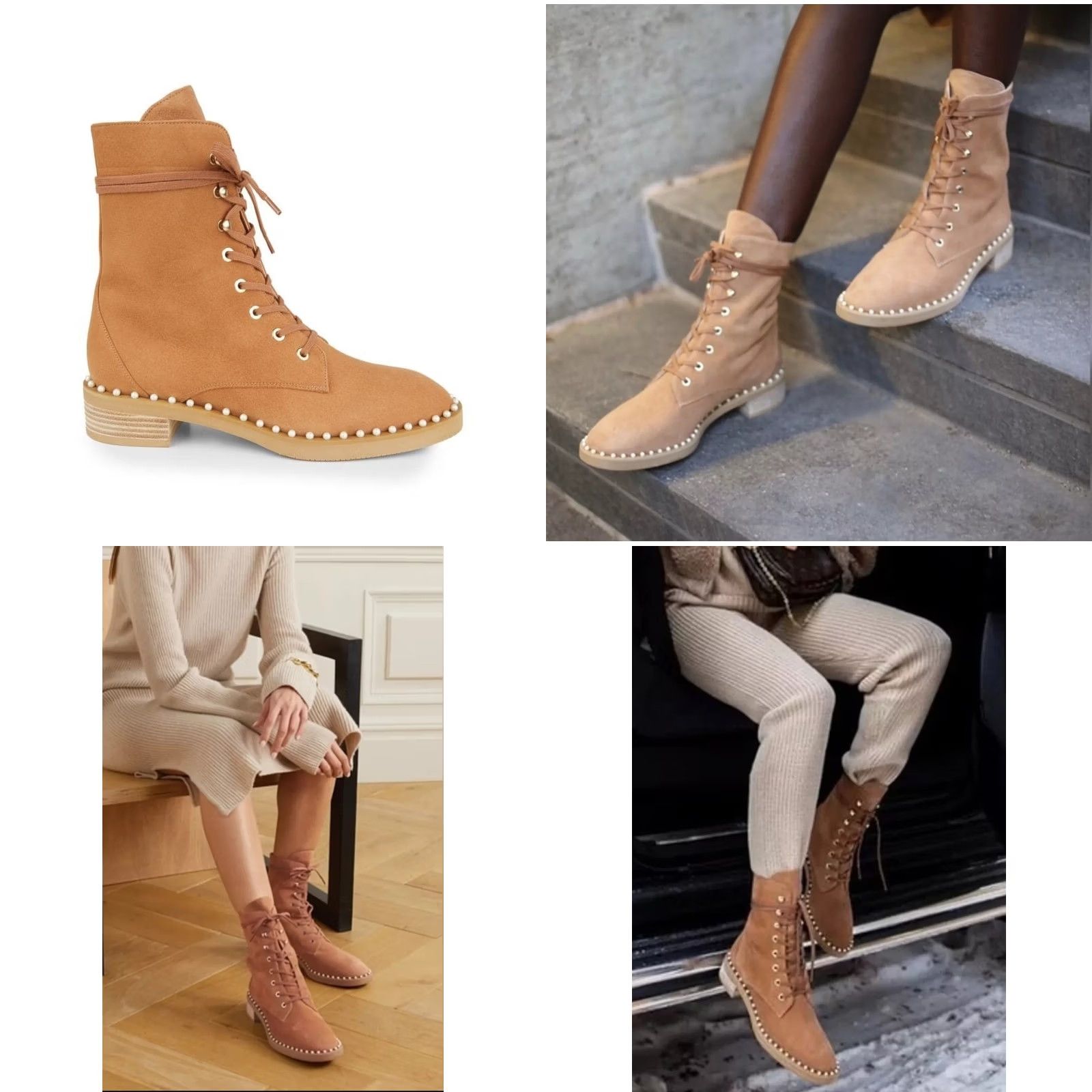Stuart Weitzman Stuart Weitzman Sondra Pearl Embellished Suede Combat Boots Women's US 11.5 B Tan Leather Lined Lace Up Round Toe, Platform/City, EUC Size US 12 / IT 42 - 10 Thumbnail