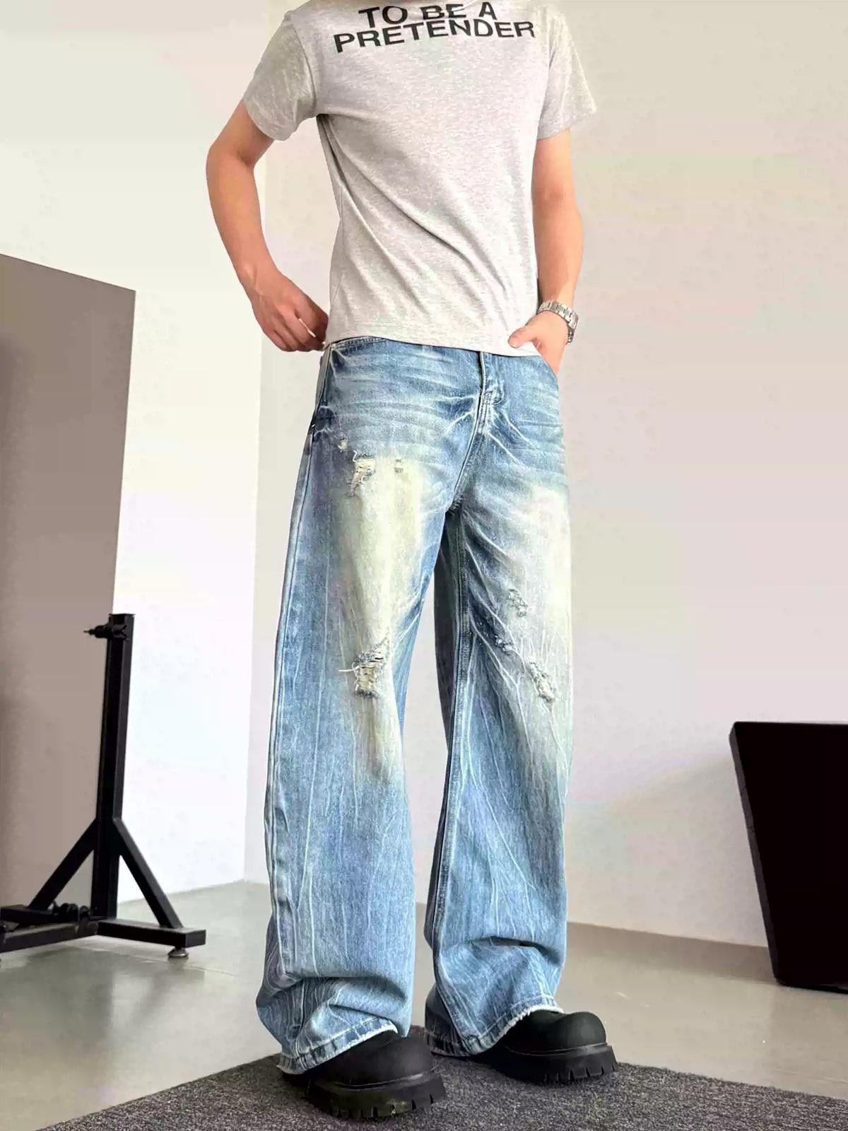 Light Wash Distressed Wide-Leg Jeans