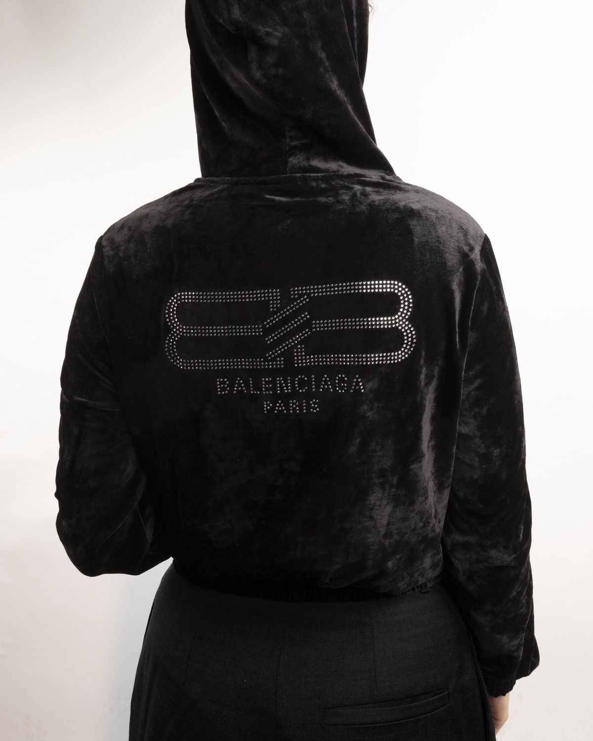 image of Balenciaga Bb Paris Embellished Velour Cropped Zipup in Black, Men's (Size Small)