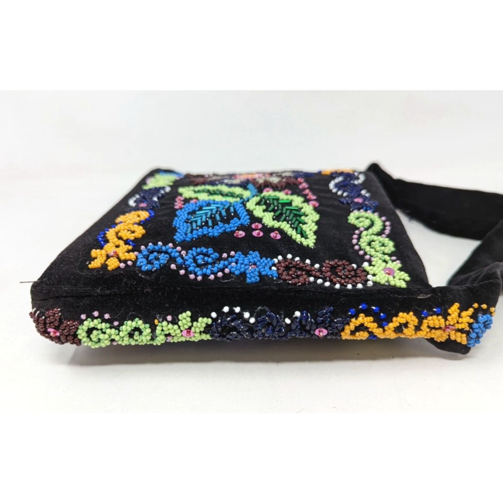Velvet VTG Black Velvet Floral Beaded Embellished Bag Handbag Purse Women KP21 Antique Size ONE SIZE - 2 Thumbnail
