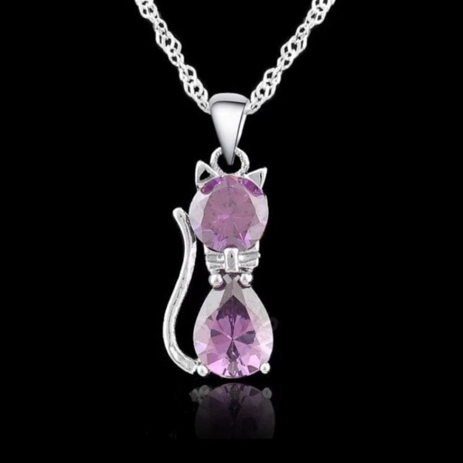 Designer PINK Crystal Cat Silver Necklace Cubic Zirconia Crystal Size ONE SIZE - 1 Thumbnail