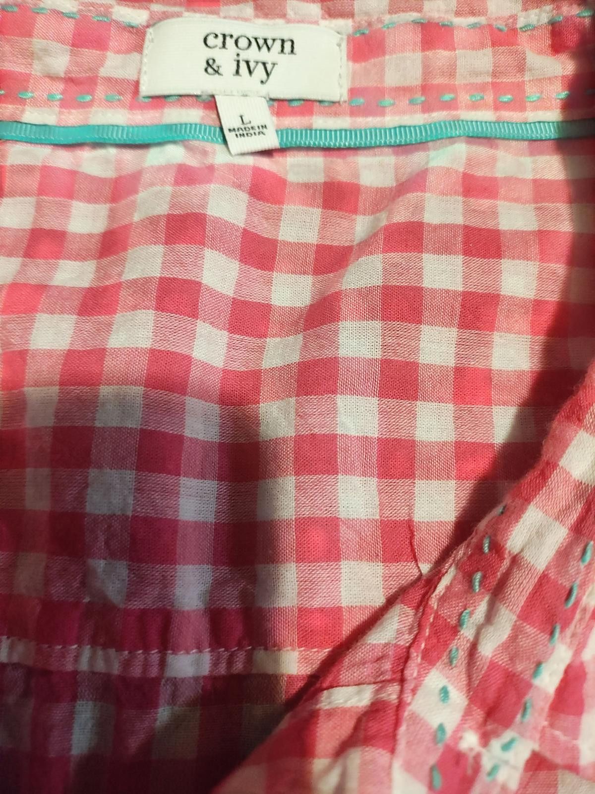 Designer Crown & Ivy Women's Pink and White Gingham Button-Down Shirt Size L / US 10 / IT 46 - 6 Thumbnail