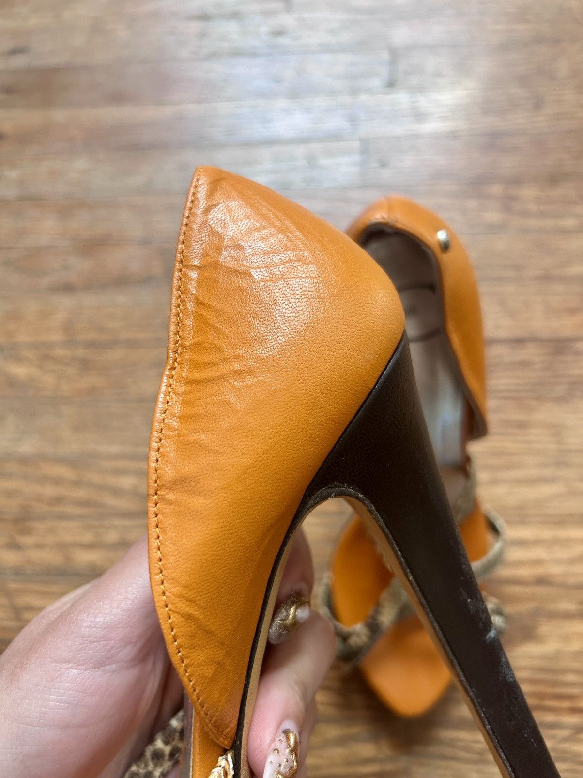 Roberto Cavalli Roberto Cavalli Orange & Black Heels with Snakeskin Straps Size US 7.5 / IT 37.5 - 11 Thumbnail