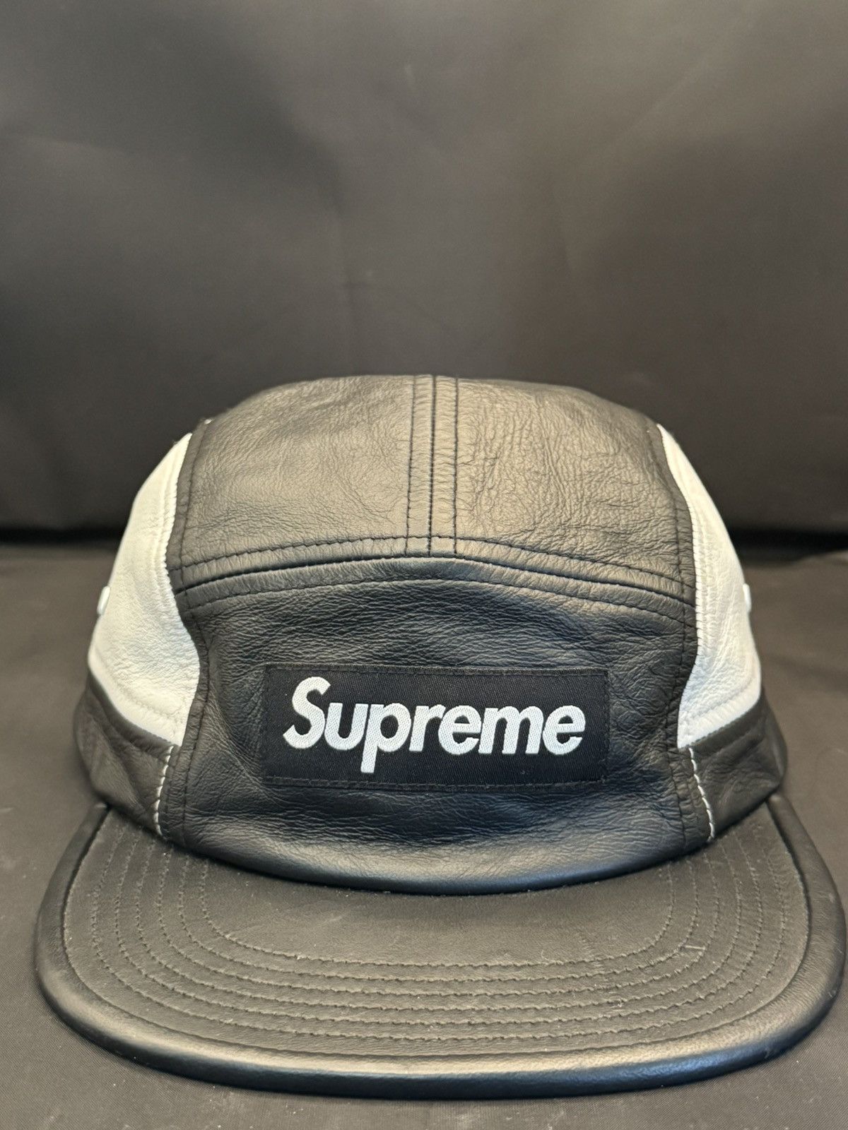 Supreme Supreme Leather Camp Cap Hat Black White 2 Tone  display picture 2