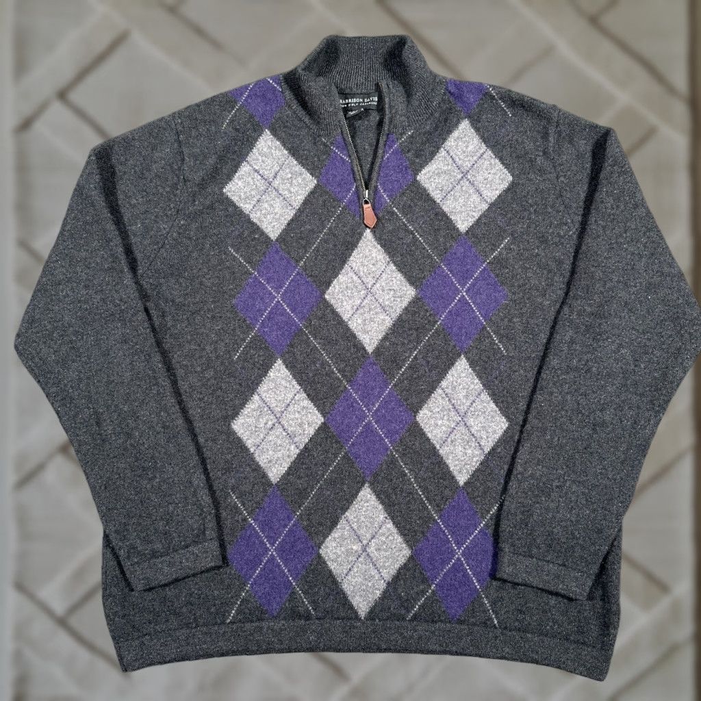 Vintage Vintage Harrison Cashmere Sweater Men XL Gray Argyle 1/4 Zip Pullover Fall Winter Size US XL / EU 56 / 4 - 1 Thumbnail