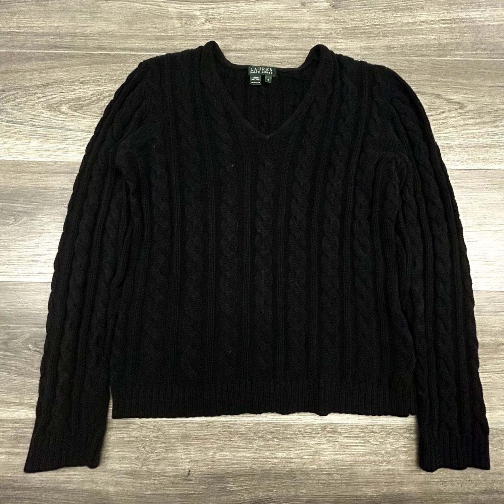 Ralph Lauren VINTAGE Lauren Ralph Lauren Sweater Womens Medium Black Cable Knit V-Neck 90s Size M / US 6-8 / IT 42-44 - 2 Thumbnail