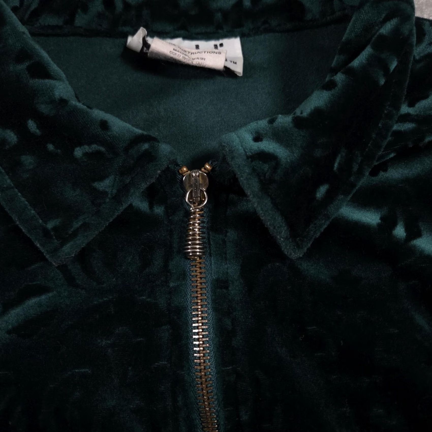 Velour Teddi Jacket Womens Medium Green Velour Zip Front Embossed Velvet Elastic Hem Size M / US 6-8 / IT 42-44 - 4 Thumbnail