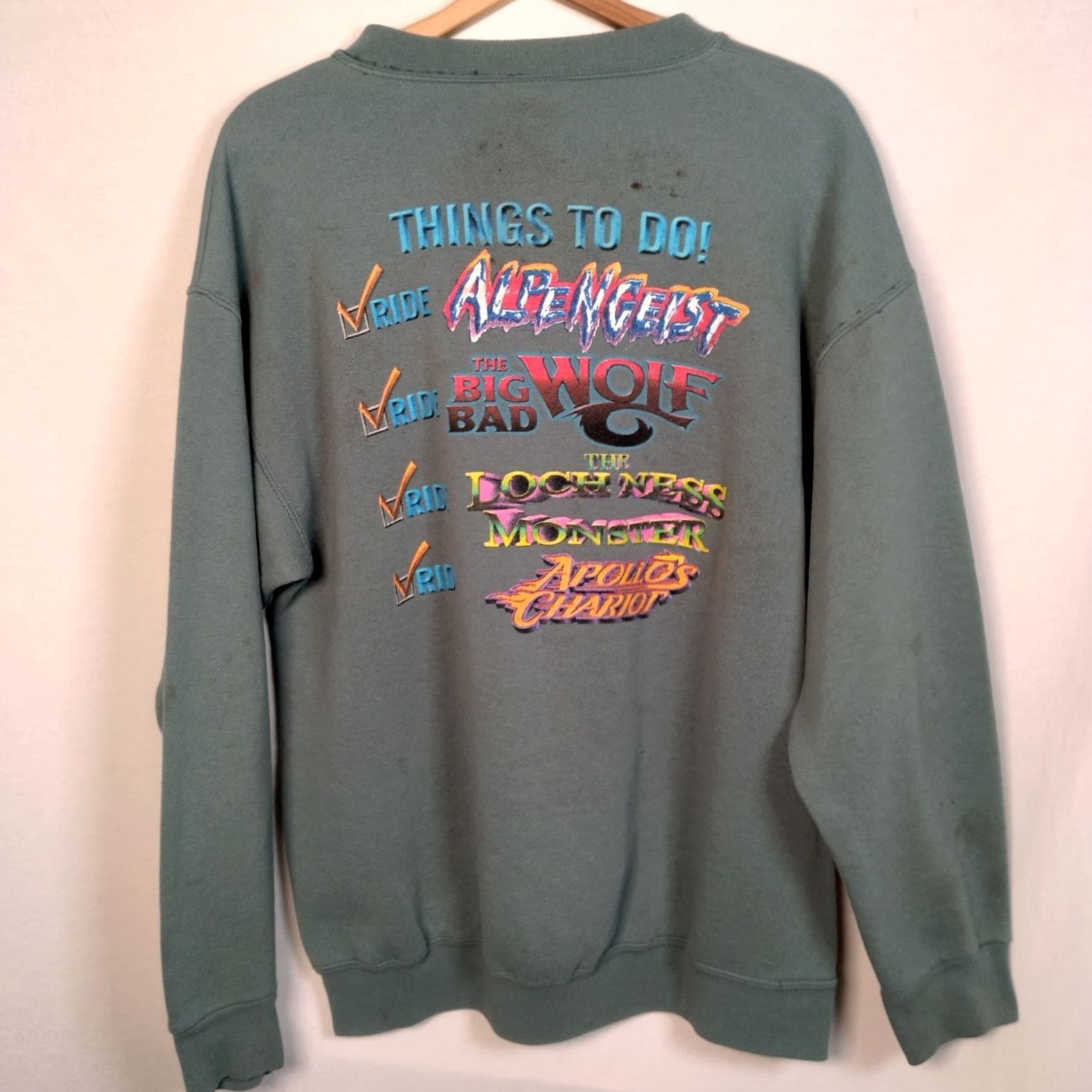 Tultex VINTAGE Tultex Sweatshirt L Men Green 90s Busch Gardens Williamsburgh VA Roller Coaster Distressed Graphic Print Pullover Crew Neck Long Sleeve Size US L / EU 52-54 / 3 - 4 Thumbnail