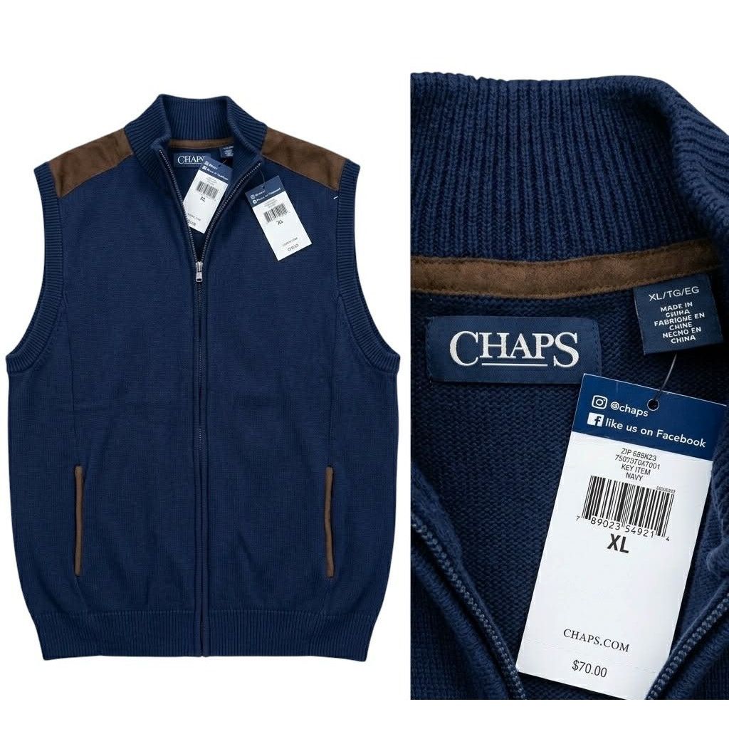 Chaps NEW WITH TAGS Chaps Zip Suede Sweater Vest Blue/Brown XL Size US XL / EU 56 / 4 - 4 Thumbnail