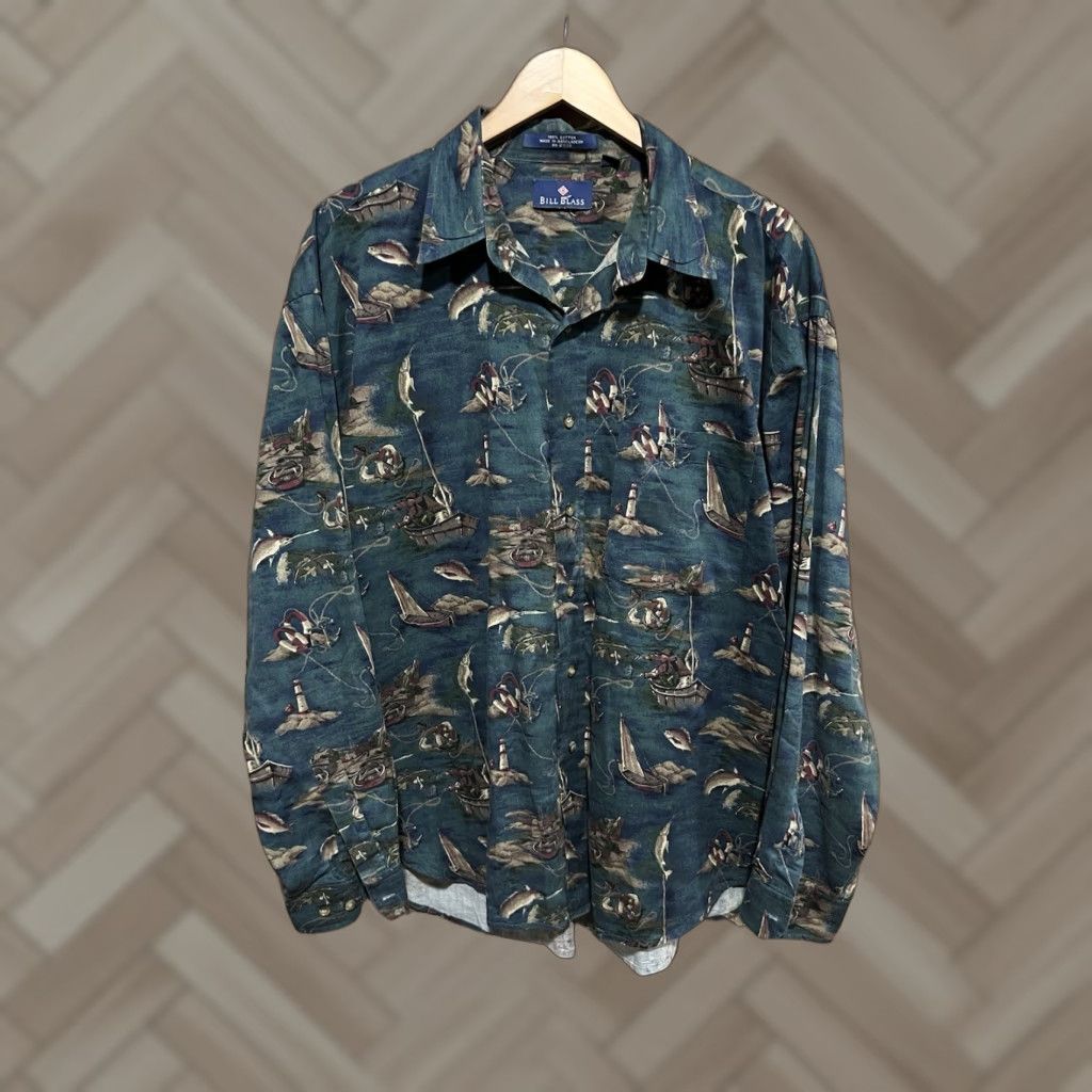 Bill Blass VINTAGE Bill Blass Shirt Fishing Marlin Boat Fisherman Fish Print BLUE XL Men Button-Up Collared 90s Casual Formal Fish Theme Size US XL / EU 56 / 4 - 1 Thumbnail