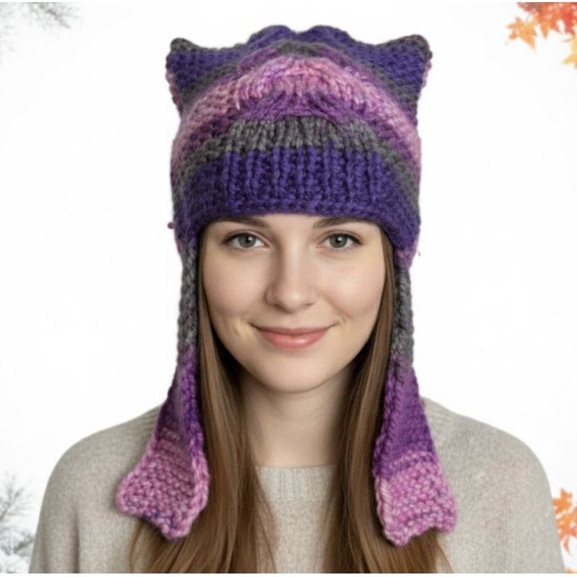 Other Silky Hand-Knit Purple Cat Ear Earflap Beanie Hat | Cozy Win Size ONE SIZE - 1 Thumbnail
