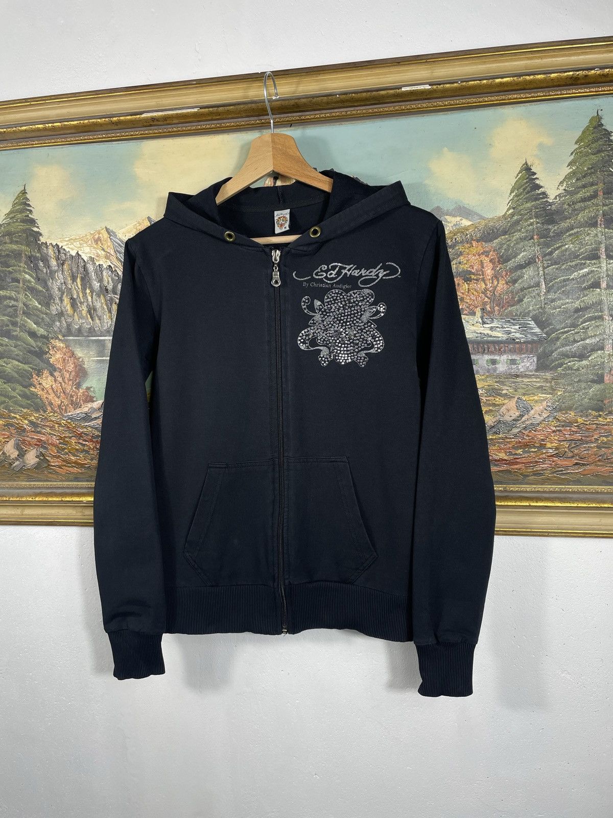 Christian Audigier × Ed Hardy × Vintage Ed Hardy Retro 00s Hoodie With Crystals Affliction Grunge Size US XXS / EU 40 - 3 Thumbnail