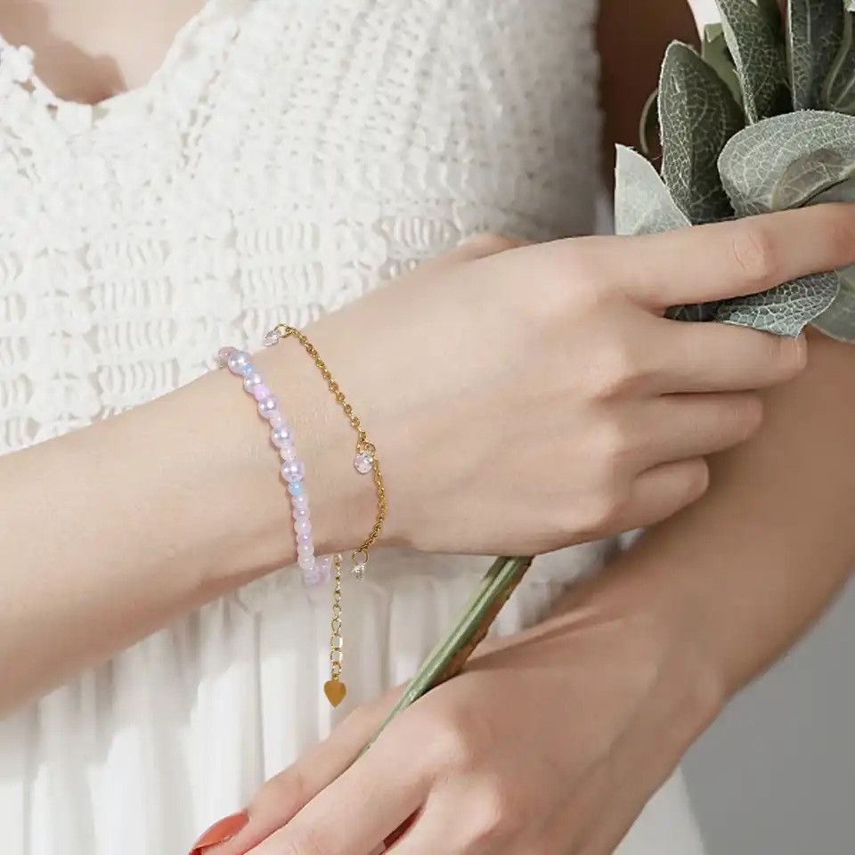 Other Pink Beads Gold Plated Metal Chain Layered Bracelet Size ONE SIZE - 3 Thumbnail