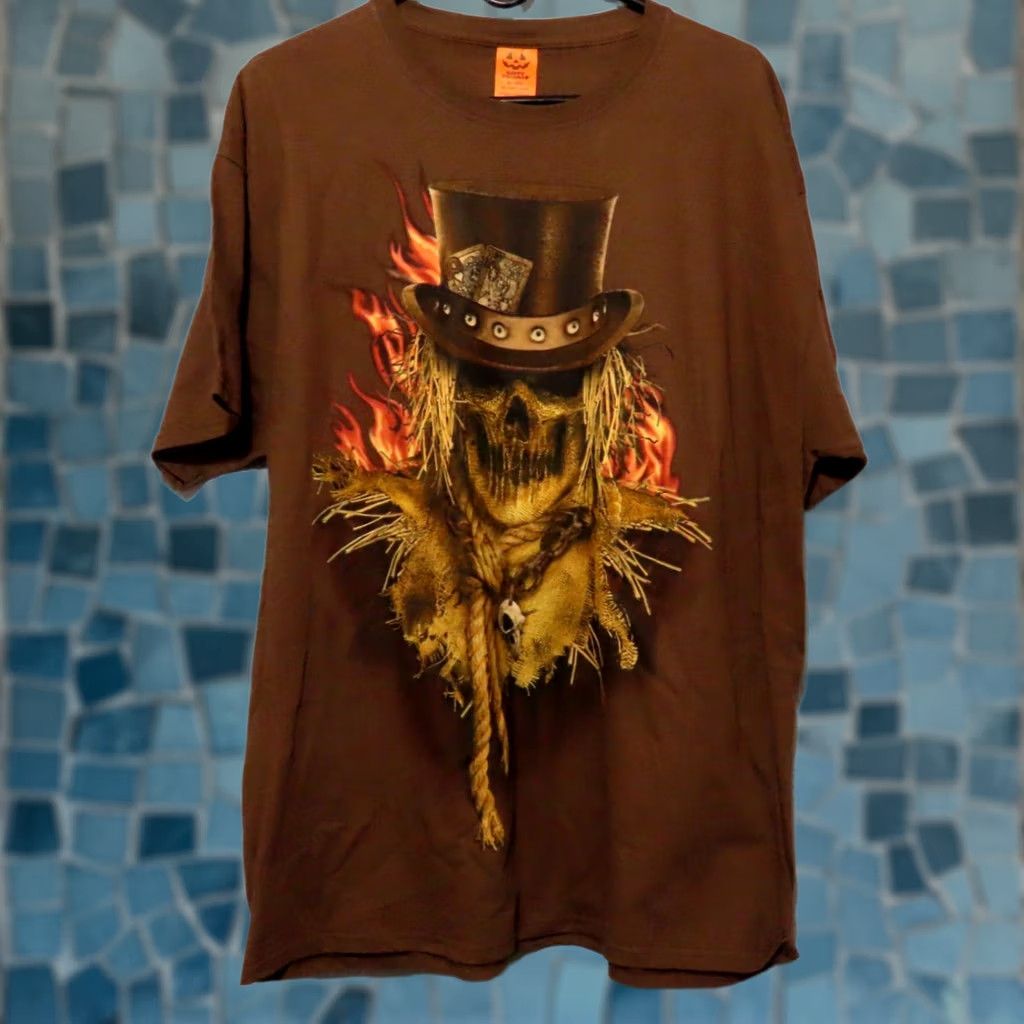 Vintage Halloween Skull Scarecrow Top Hat T-shirt Men XL Brown Graphic Print Crew Neck Short Sleeve Cotton Regular Fit N/A Size US XL / EU 56 / 4 - 1 Thumbnail