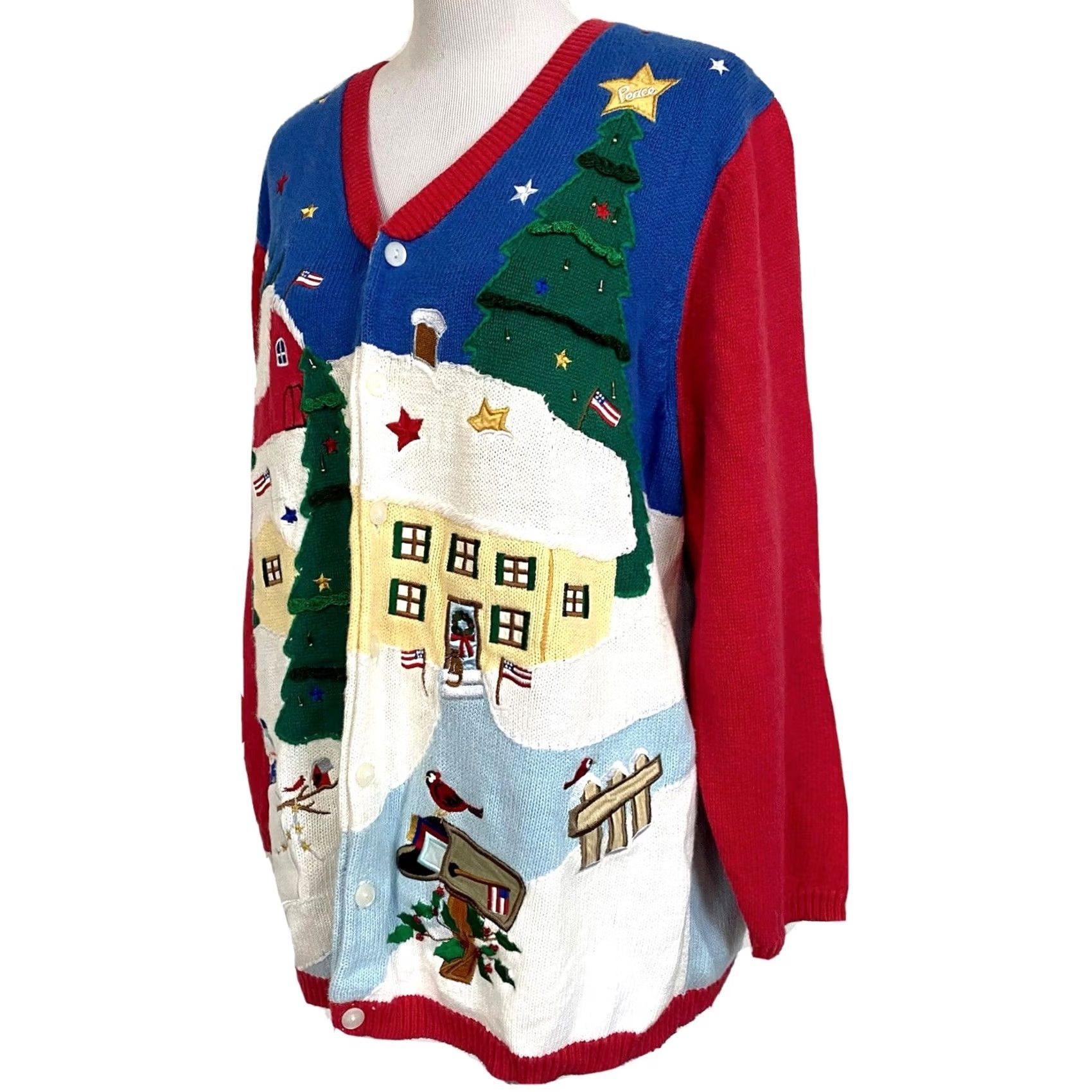 Quacker Factory Quacker Factory Cardigan Sweater Christmas Long Sleeve Womens 1X Multicolor Winter Santa Angels Peace - Mens? Size XL / US 12-14 / IT 48-50 - 2 Thumbnail
