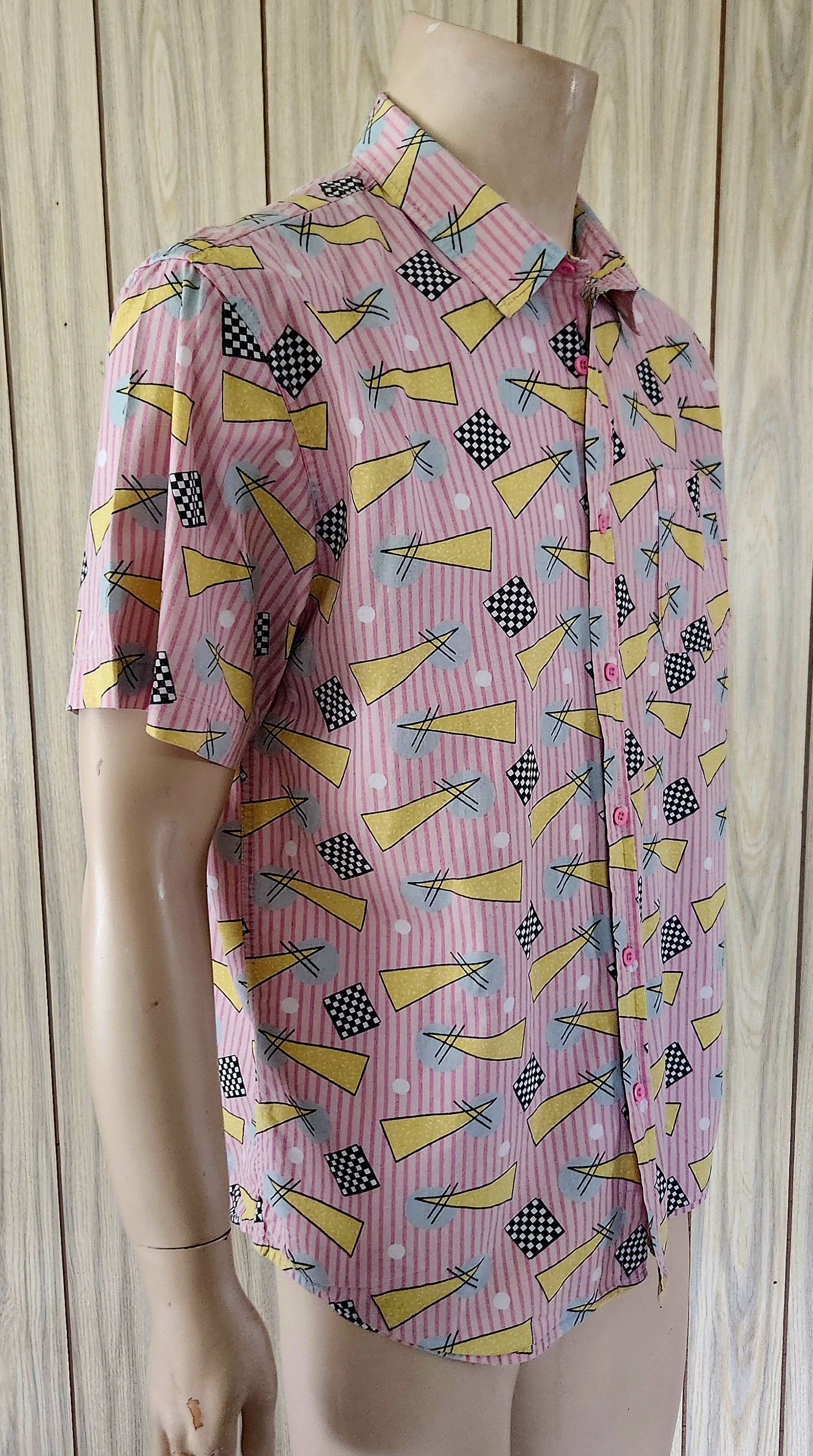 Vintage New Wave shirt L men's pink cotton short sleeve 1980s Size US L / EU 52-54 / 3 - 3 Thumbnail