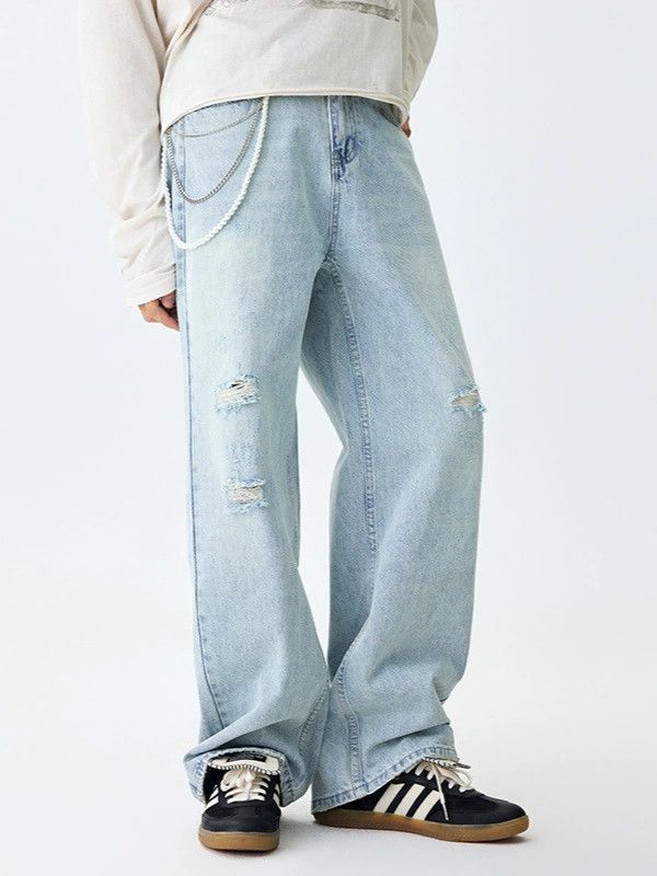 Jean Light blue washed men's ripped jeans loose straight jeans Size US 32 / EU 48 - 1 Thumbnail