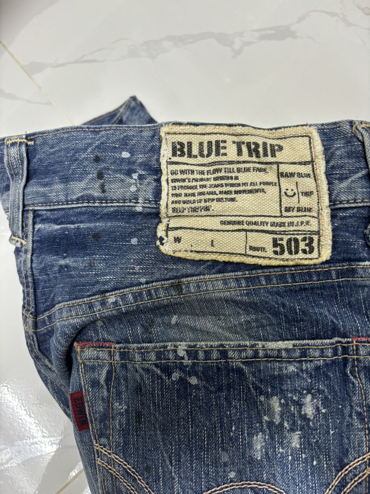 Who Decides War EDWIN 503 PAINTER JEANS BLUE TRIP DISTRESSED DENIM Size US 33 - 10 Thumbnail