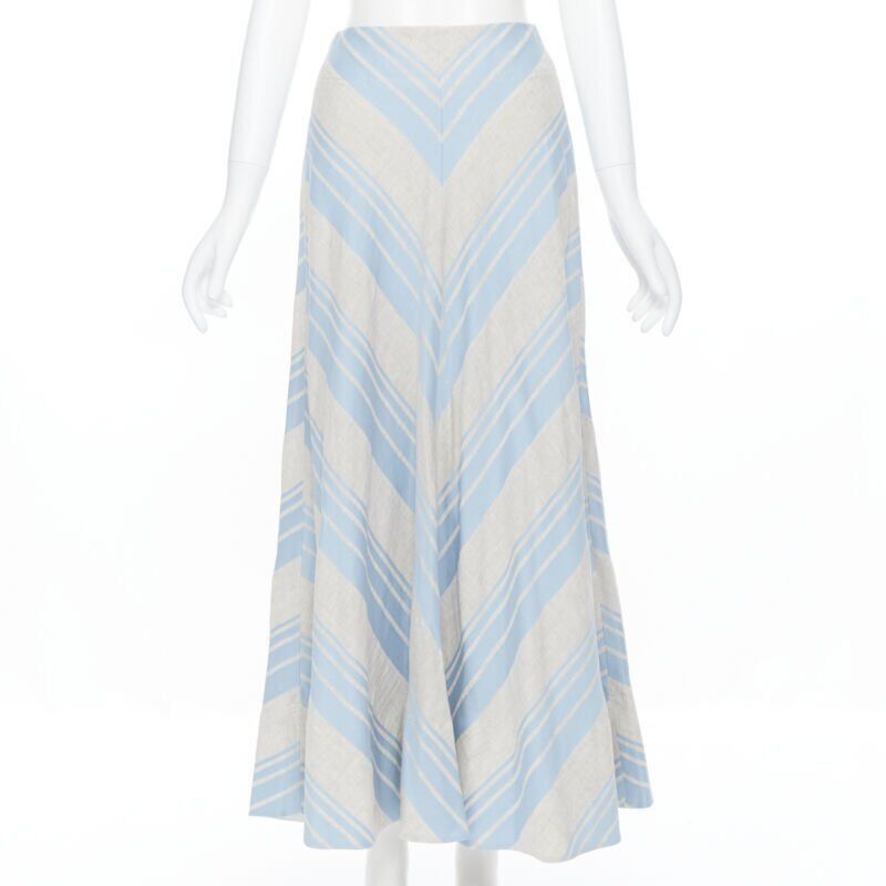 Lee Mathews LEE MATTHEWS light grey blue striped linen cotton flared midi casual skirt US0 Size 25" / US 0 / IT 36 - 1 Thumbnail