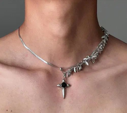 Jewelry Silver Leaf Chain Necklace with Black Cross Pendant Size ONE SIZE - 5 Thumbnail