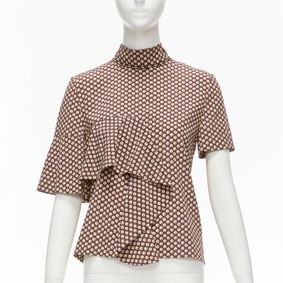 Marni MARNI brown yellow floral asymmetric ruffle drapes hi neck top IT38 XS Size XS / US 0-2 / IT 36-38 - 1 Thumbnail